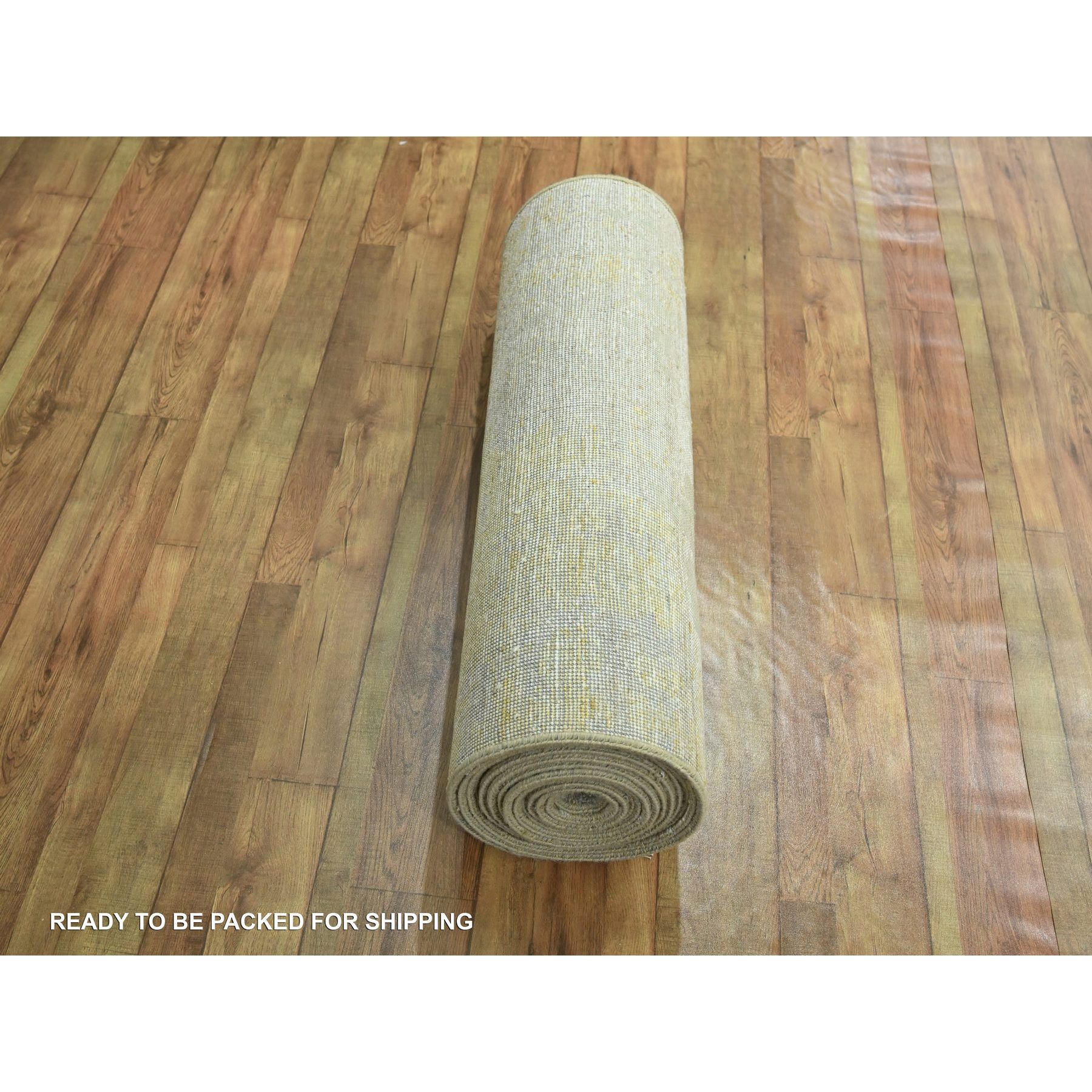 2'6"x19' Parchment White & Brown, Modern Abstract Design with Natural Colors, Wool and Silk, Hand Knotted, XL Runner, Oriental Rug Sh76352