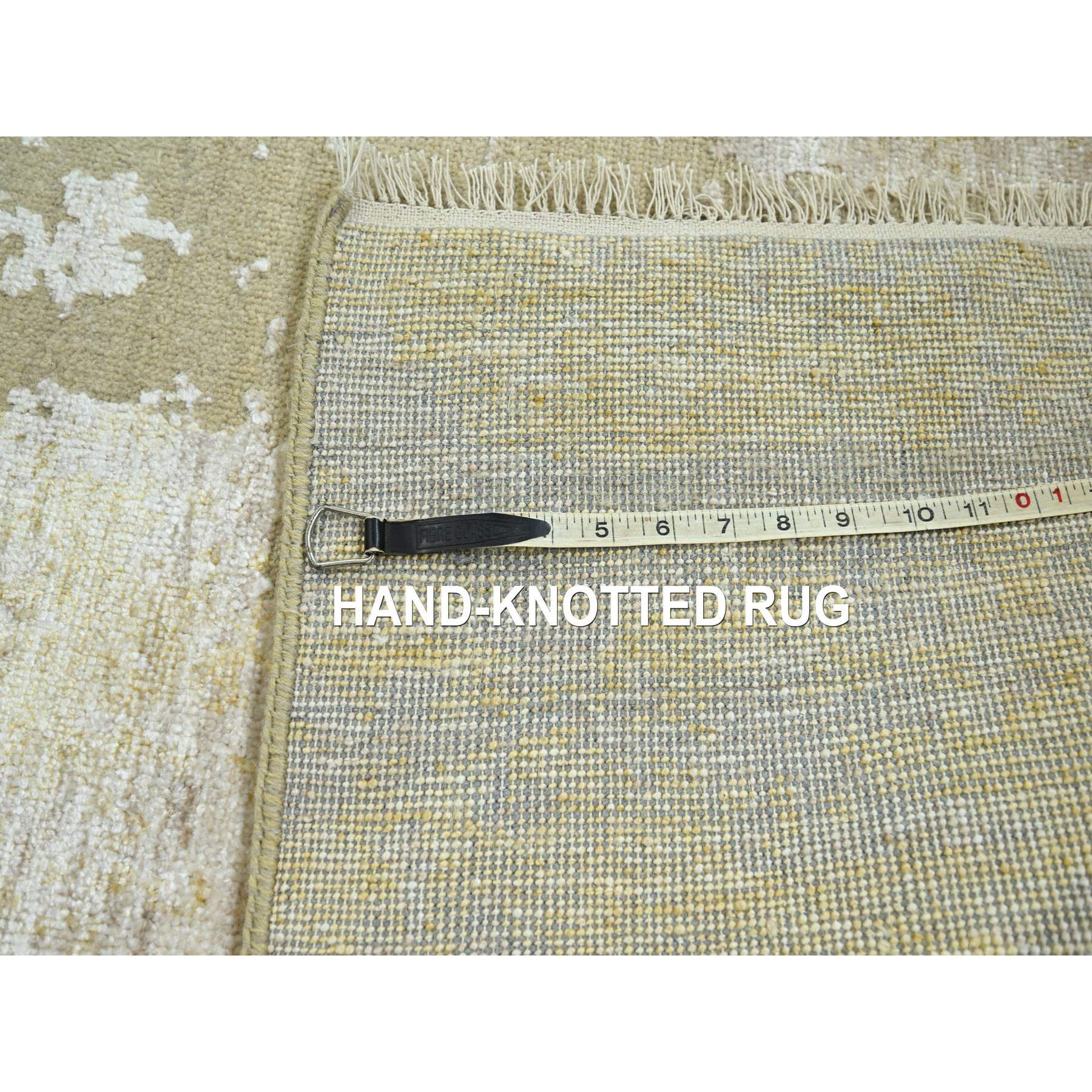 2'6"x19' Parchment White & Brown, Modern Abstract Design with Natural Colors, Wool and Silk, Hand Knotted, XL Runner, Oriental Rug Sh76352