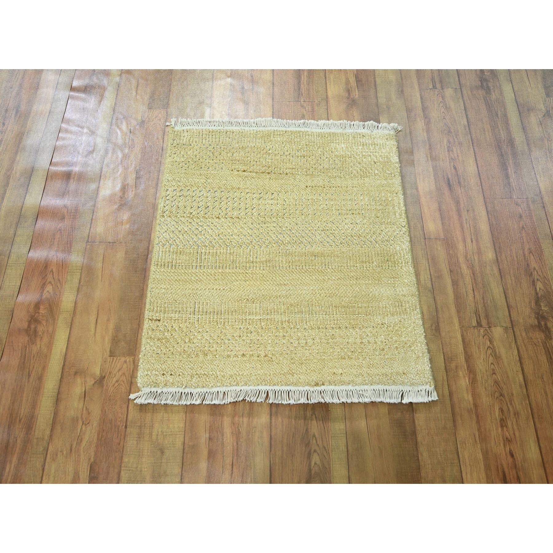 2'x2' Ecru Brown, Modern Grass Design, Wool and Silk, Hand Knotted, Denser Weave, Tone on Tone, Lush and Plush, Sample, Mat, Square, Oriental Rug Sh76353