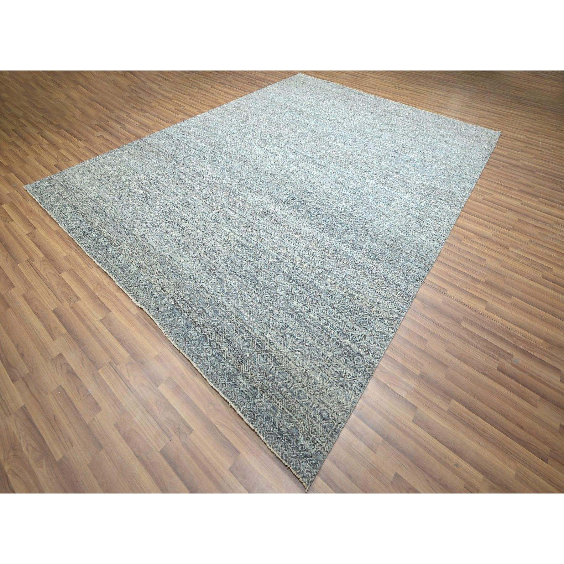 9'x11'10" Silver Blue, Kohinoor Herat Pattern, Small Geometric Repetitive Diamond Design, Soft and Shiny Wool, Hand Knotted, Oriental Rug Sh76387