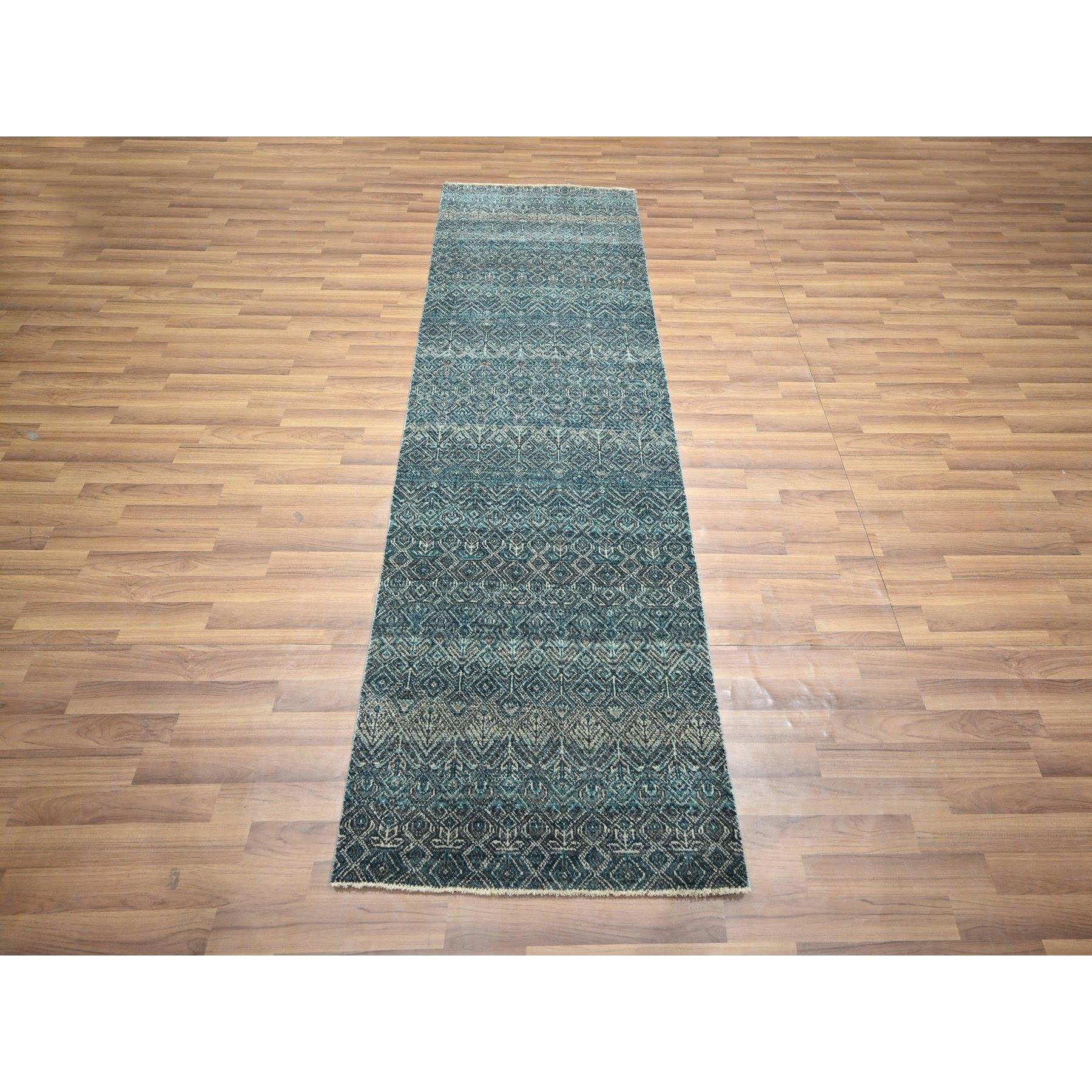 2'5"x7'7" Sapphire Blue, Kohinoor Herat Pattern, Small Geometric Repetitive Diamond Design, Soft Wool, Tone On Tone, Hand Knotted, Runner, Oriental Rug Sh76390