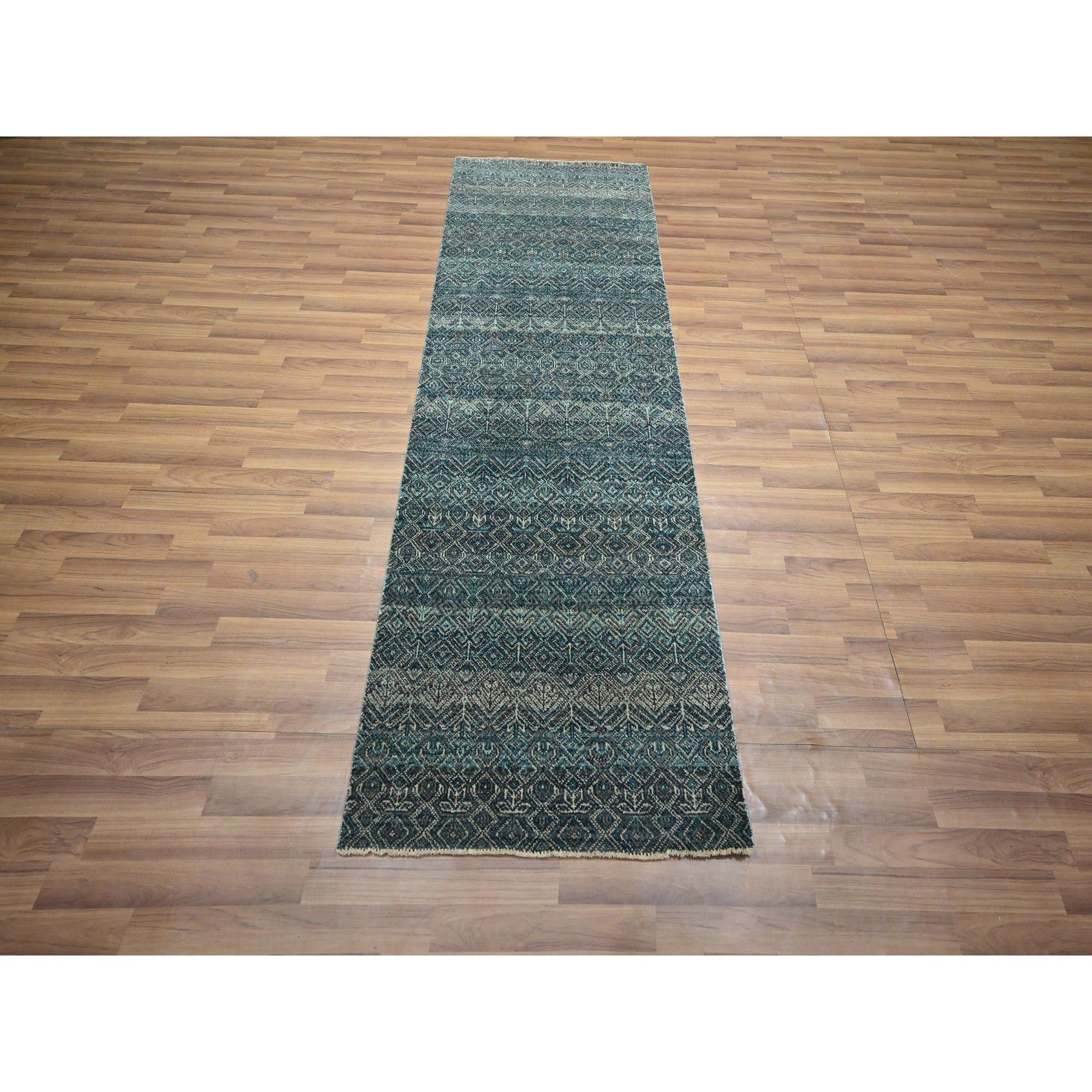 2'5"x7'7" Jasper Blue, Kohinoor Herat with Small Geometric Repetitive Diamond Design, Pure Wool, Tone On Tone, Hand Knotted, Soft To The Touch, Runner, Oriental Rug Sh76391