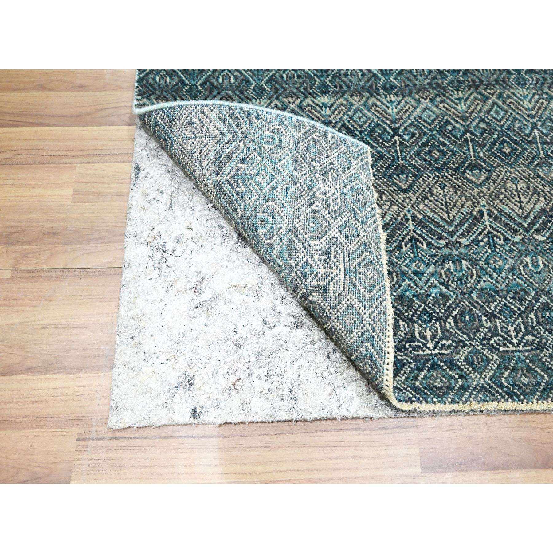 2'5"x7'7" Jasper Blue, Kohinoor Herat with Small Geometric Repetitive Diamond Design, Pure Wool, Tone On Tone, Hand Knotted, Soft To The Touch, Runner, Oriental Rug Sh76391