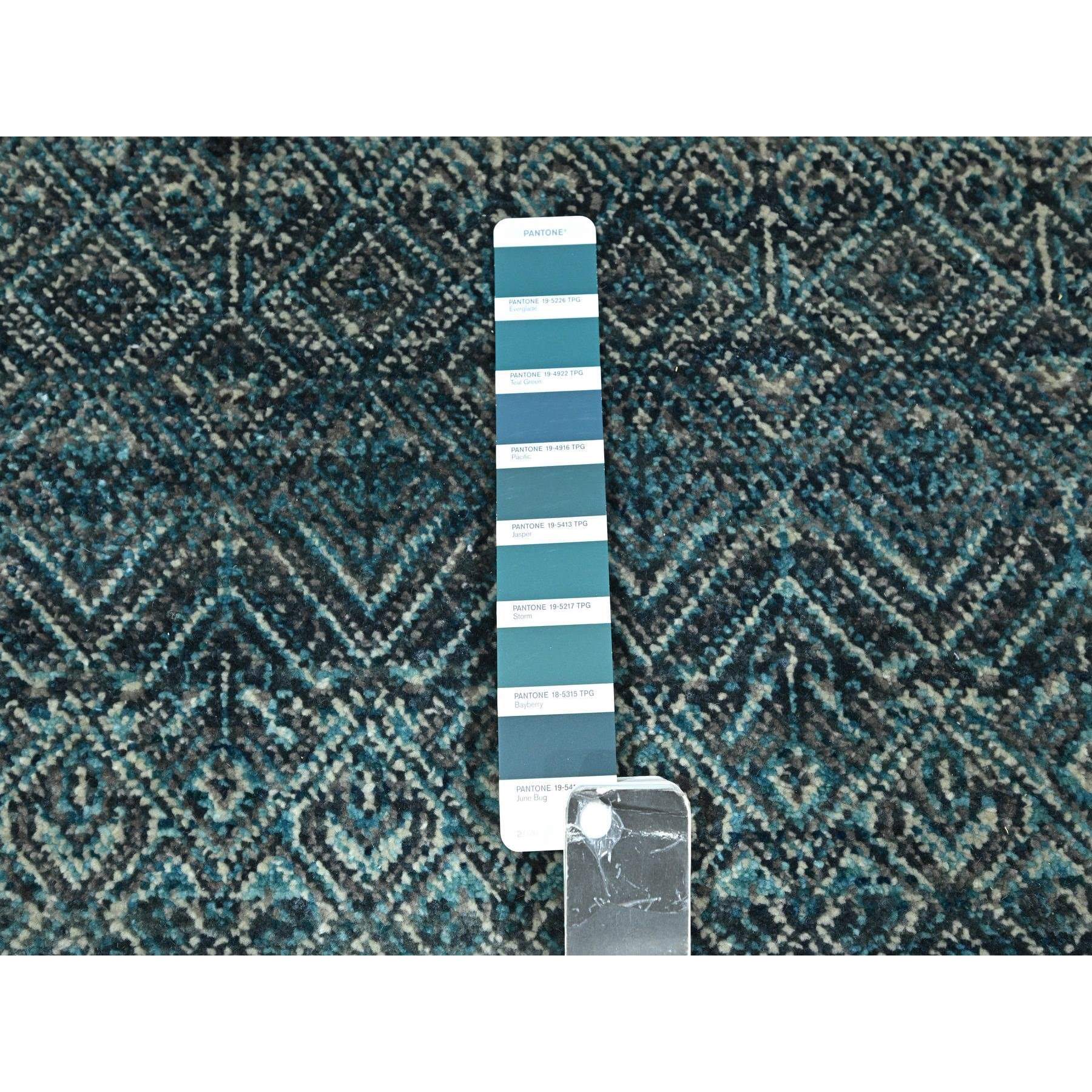 2'5"x7'7" Jasper Blue, Kohinoor Herat with Small Geometric Repetitive Diamond Design, Pure Wool, Tone On Tone, Hand Knotted, Soft To The Touch, Runner, Oriental Rug Sh76391