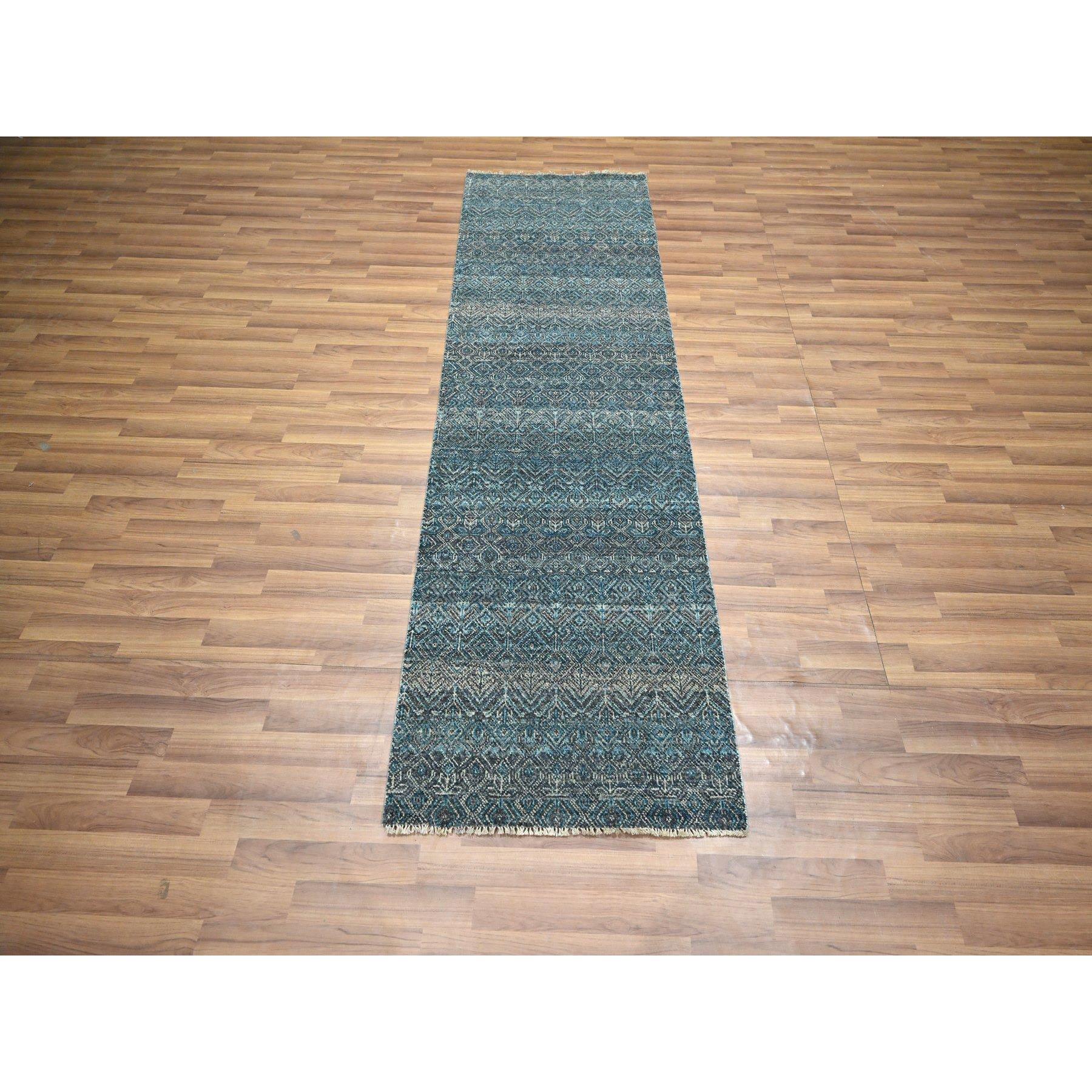 2'7"x7'7" Pacific Blue, Kohinoor Herat with Small Geometric Repetitive Diamond Pattern, Soft Wool, Tone On Tone, Hand Knotted, Runner, Oriental Rug Sh76392