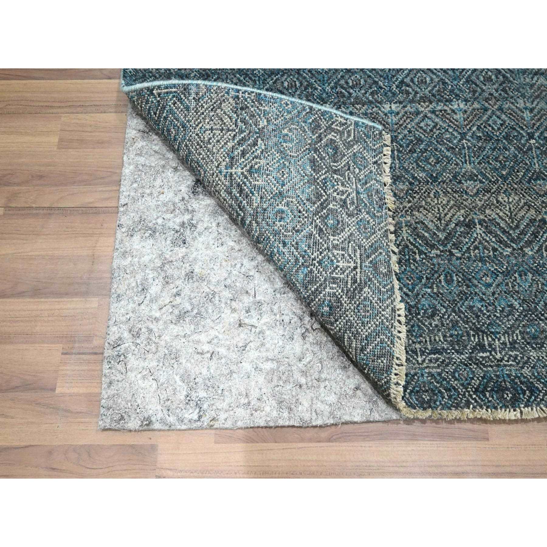 2'7"x7'7" Pacific Blue, Kohinoor Herat with Small Geometric Repetitive Diamond Pattern, Soft Wool, Tone On Tone, Hand Knotted, Runner, Oriental Rug Sh76392