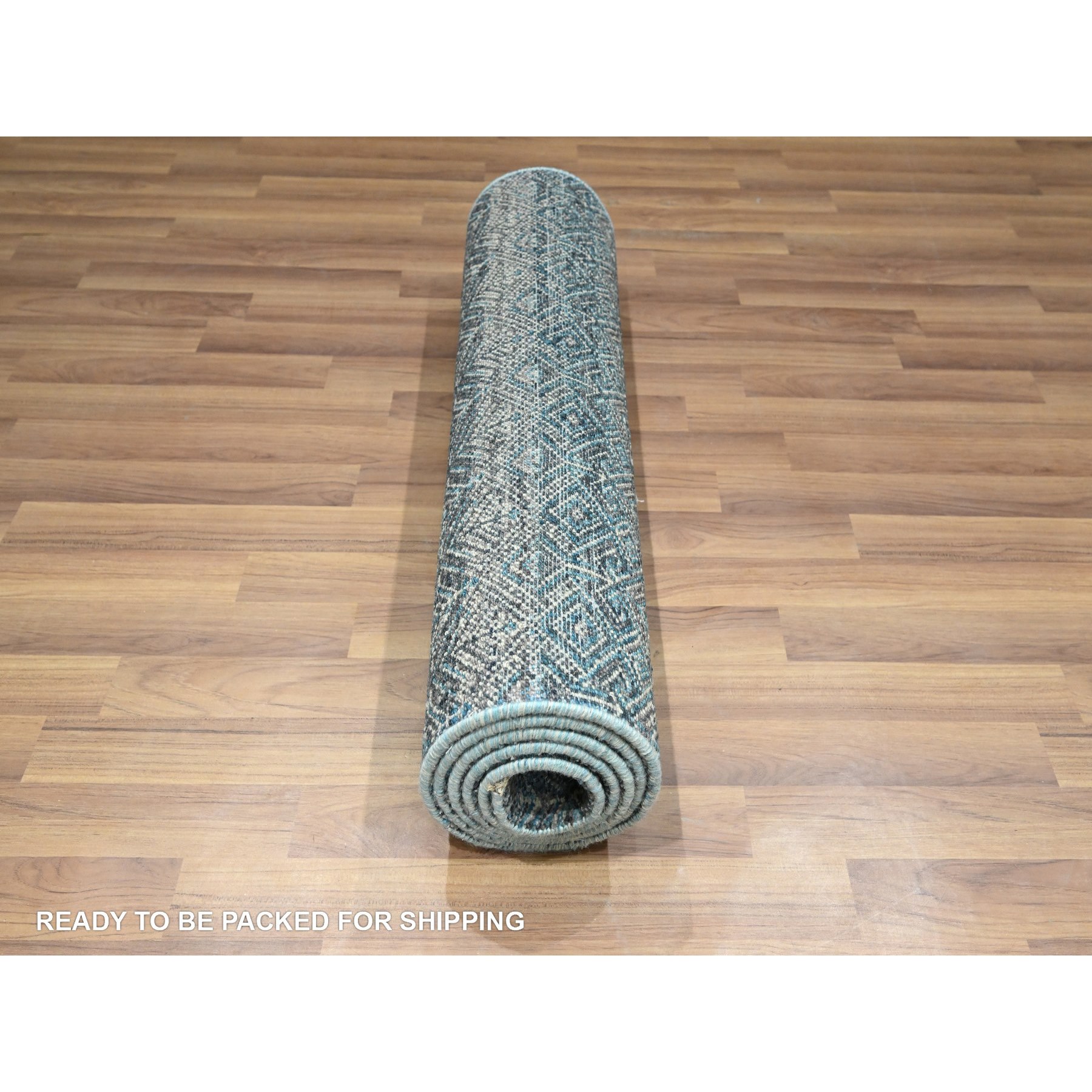 2'7"x7'7" Pacific Blue, Kohinoor Herat with Small Geometric Repetitive Diamond Pattern, Soft Wool, Tone On Tone, Hand Knotted, Runner, Oriental Rug Sh76392