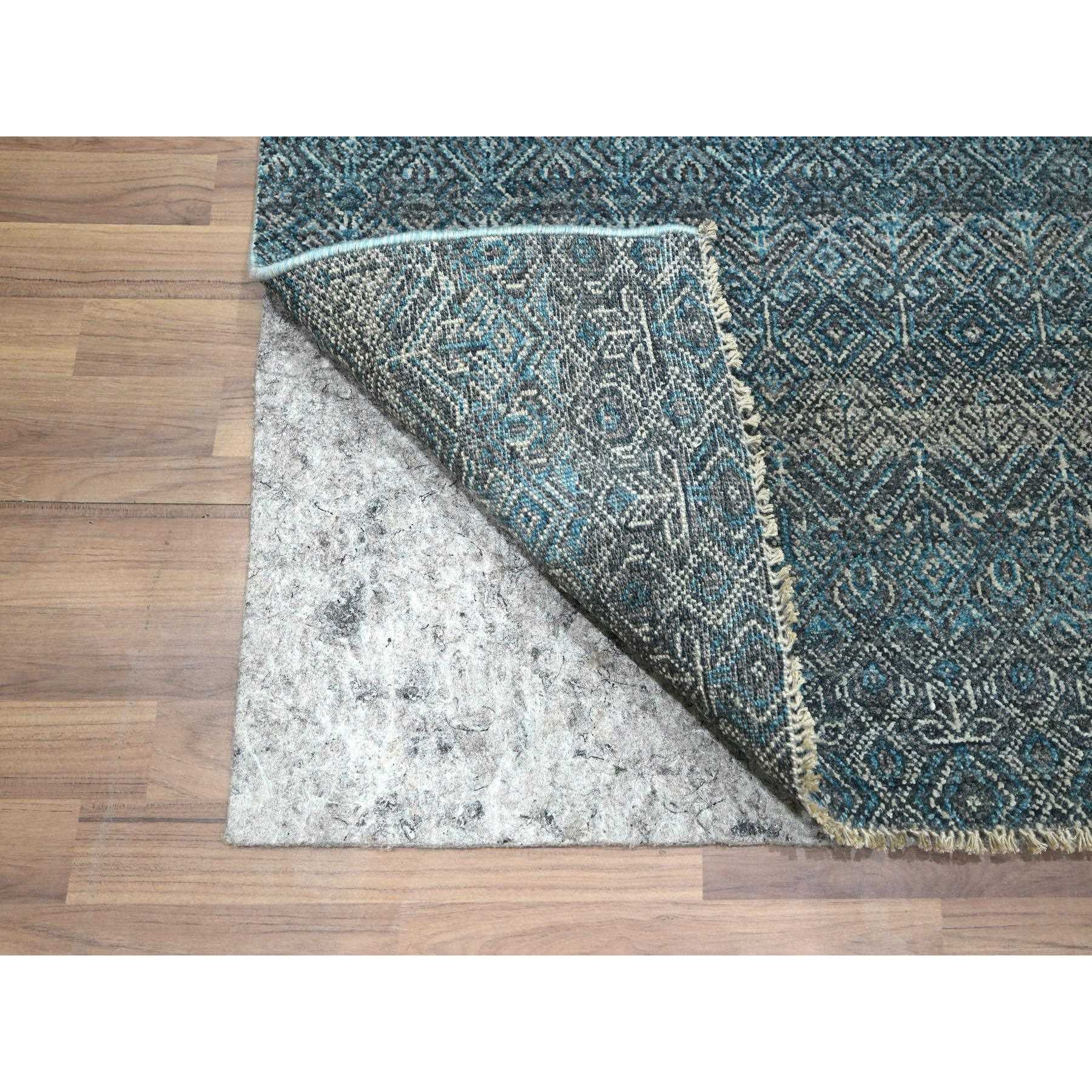 2'7"x7'7" Teal Blue, Kohinoor Herat Pattern, Small Geometric Repetitive Diamond Design, Soft Pile, Pure Wool, Tone On Tone, Hand Knotted, Runner, Oriental Rug Sh76393