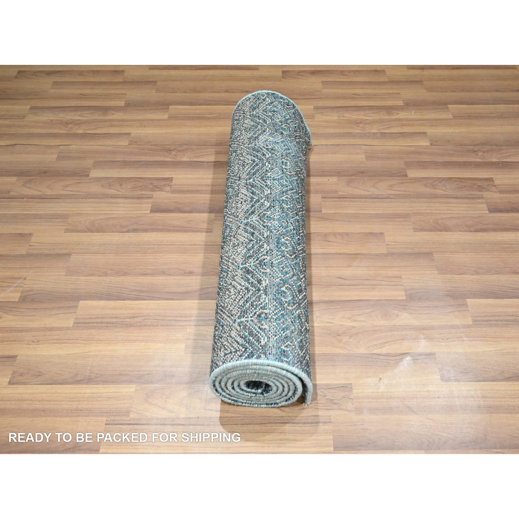 2'7"x7'7" Teal Blue, Kohinoor Herat Pattern, Small Geometric Repetitive Diamond Design, Soft Pile, Pure Wool, Tone On Tone, Hand Knotted, Runner, Oriental Rug Sh76393