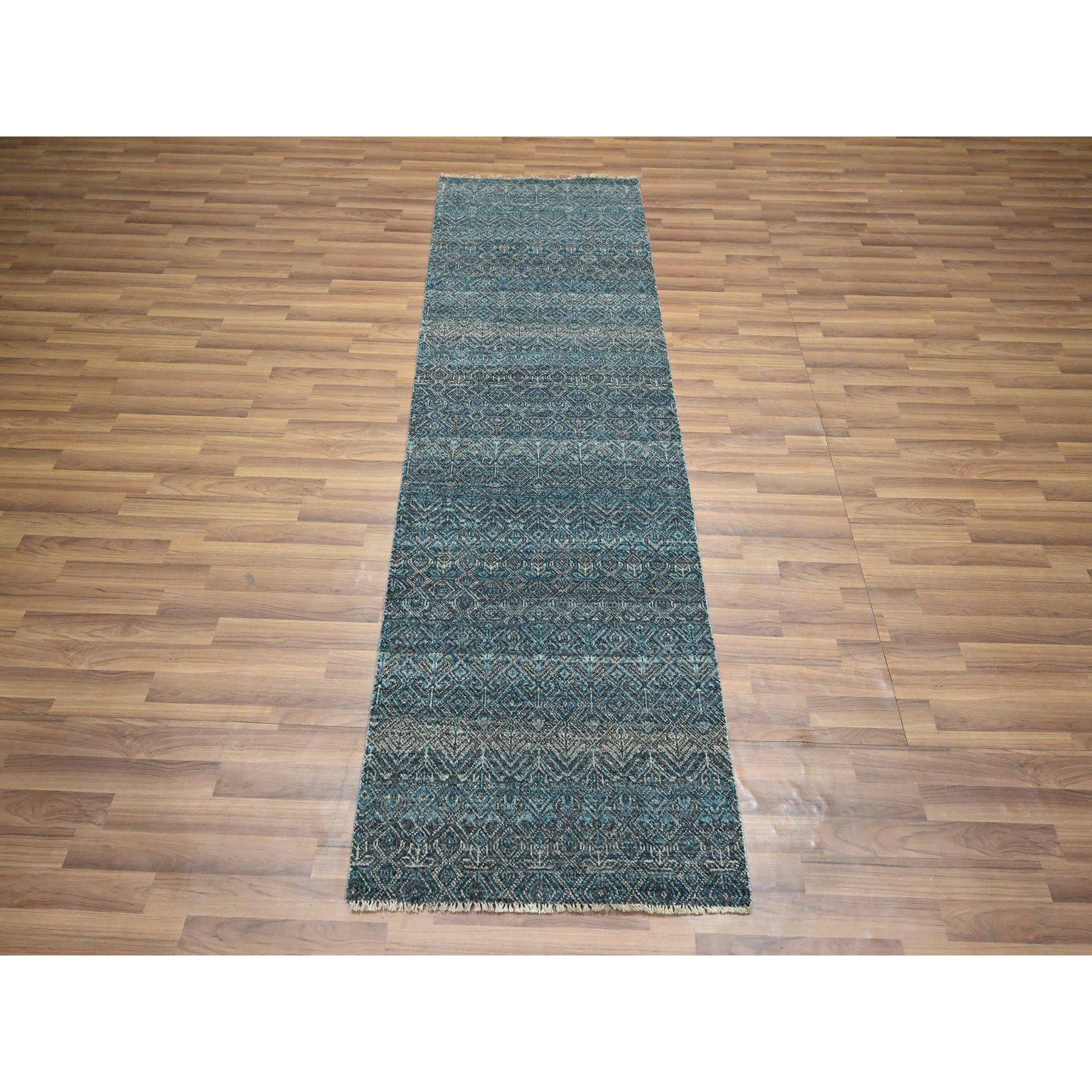2'6"x7'7" Jasper Blue, Tone On Tone, Kohinoor Herat with Small Geometric Repetitive Diamond Design, Soft Wool, Hand Knotted, Runner, Oriental Rug Sh76394