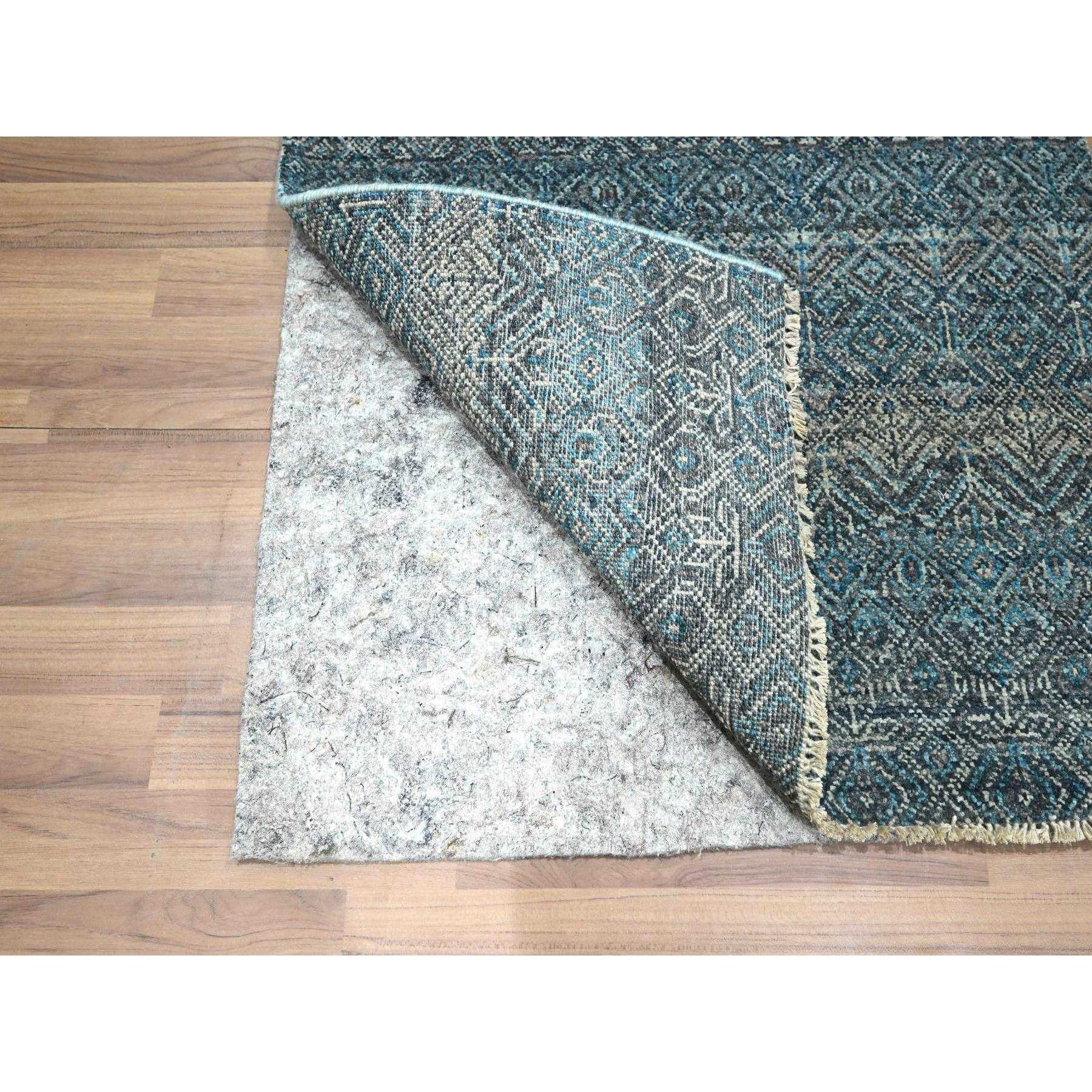 2'6"x7'7" Jasper Blue, Tone On Tone, Kohinoor Herat with Small Geometric Repetitive Diamond Design, Soft Wool, Hand Knotted, Runner, Oriental Rug Sh76394