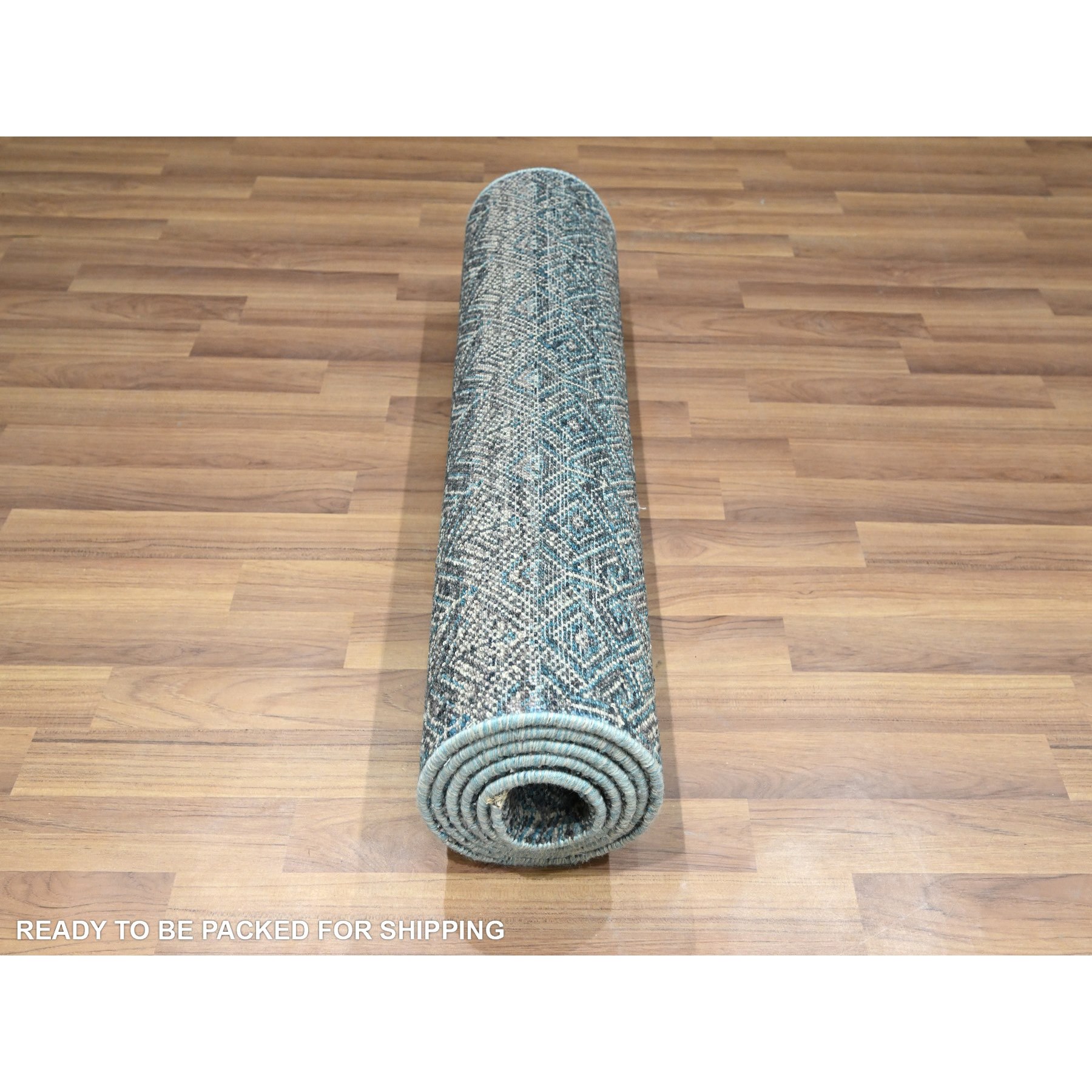 2'6"x7'7" Jasper Blue, Tone On Tone, Kohinoor Herat with Small Geometric Repetitive Diamond Design, Soft Wool, Hand Knotted, Runner, Oriental Rug Sh76394