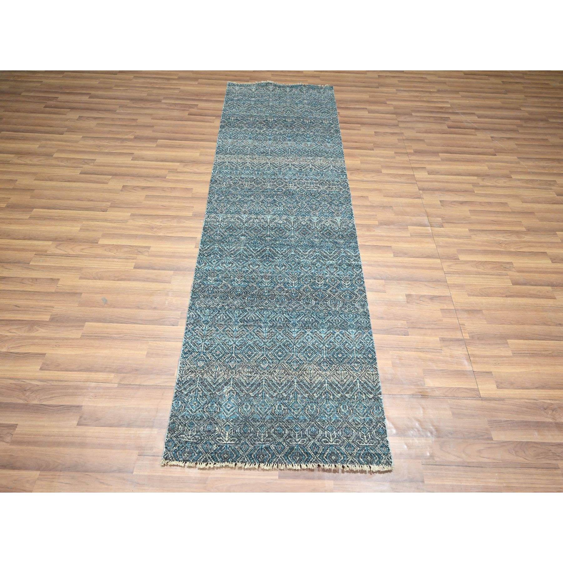2'6"x7'8" Pacific Blue, Hand Knotted, Kohinoor Herat Pattern, Small Geometric Repetitive Diamond Design, Soft Wool, Tone On Tone, Runner, Oriental Rug Sh76395