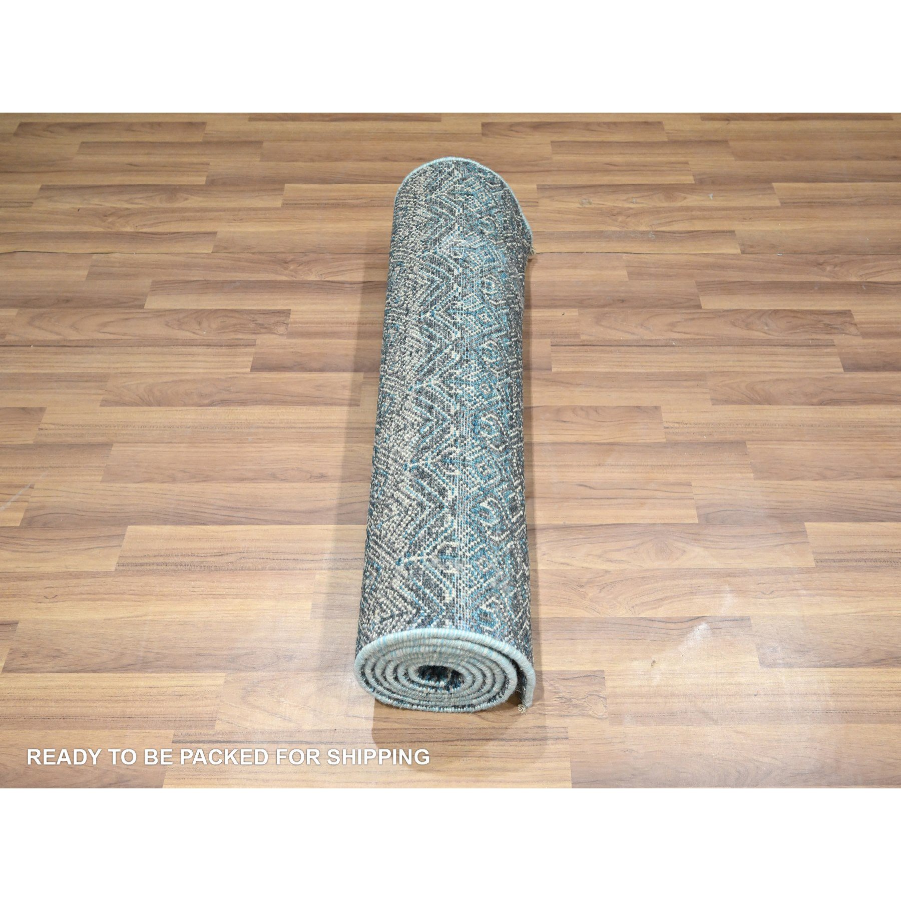 2'6"x7'8" Pacific Blue, Hand Knotted, Kohinoor Herat Pattern, Small Geometric Repetitive Diamond Design, Soft Wool, Tone On Tone, Runner, Oriental Rug Sh76395