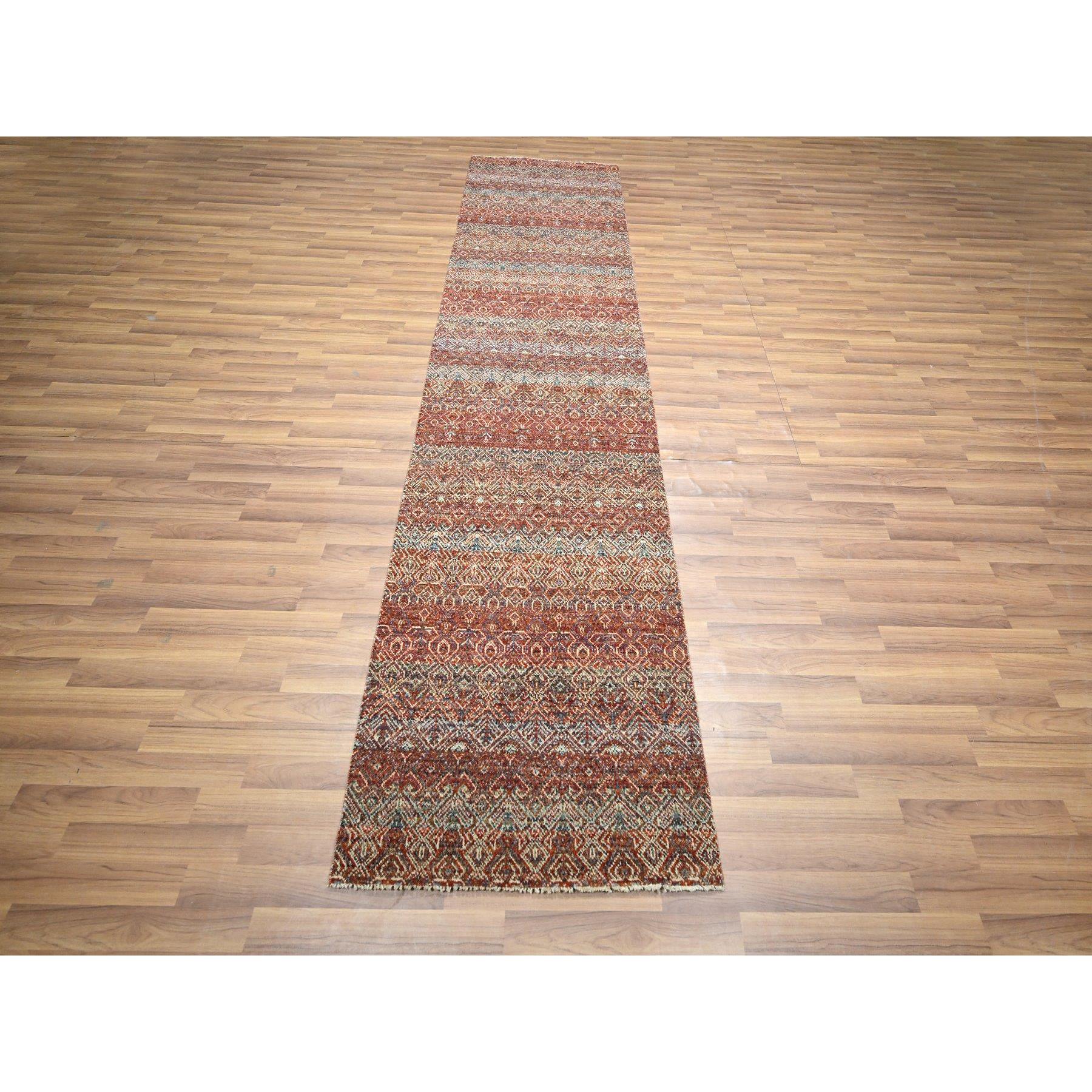 2'7"x10'2" Clay Red, Kohinoor Herat with Small Geometric Repetitive Diamond Pattern, Soft Wool, Tone On Tone, Hand Knotted, Runner, Oriental Rug Sh76396