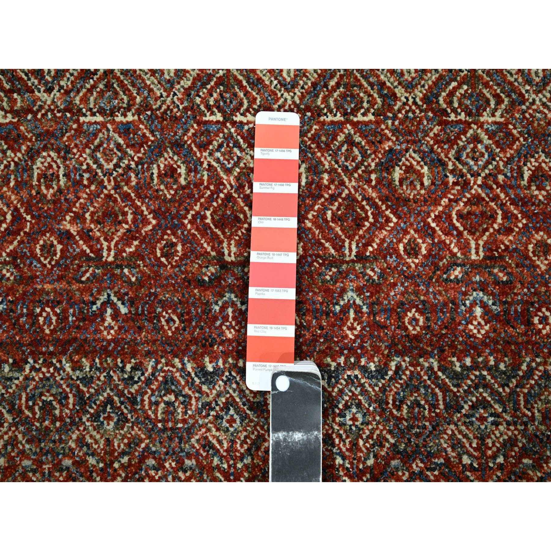 2'7"x10'2" Clay Red, Kohinoor Herat with Small Geometric Repetitive Diamond Pattern, Soft Wool, Tone On Tone, Hand Knotted, Runner, Oriental Rug Sh76396