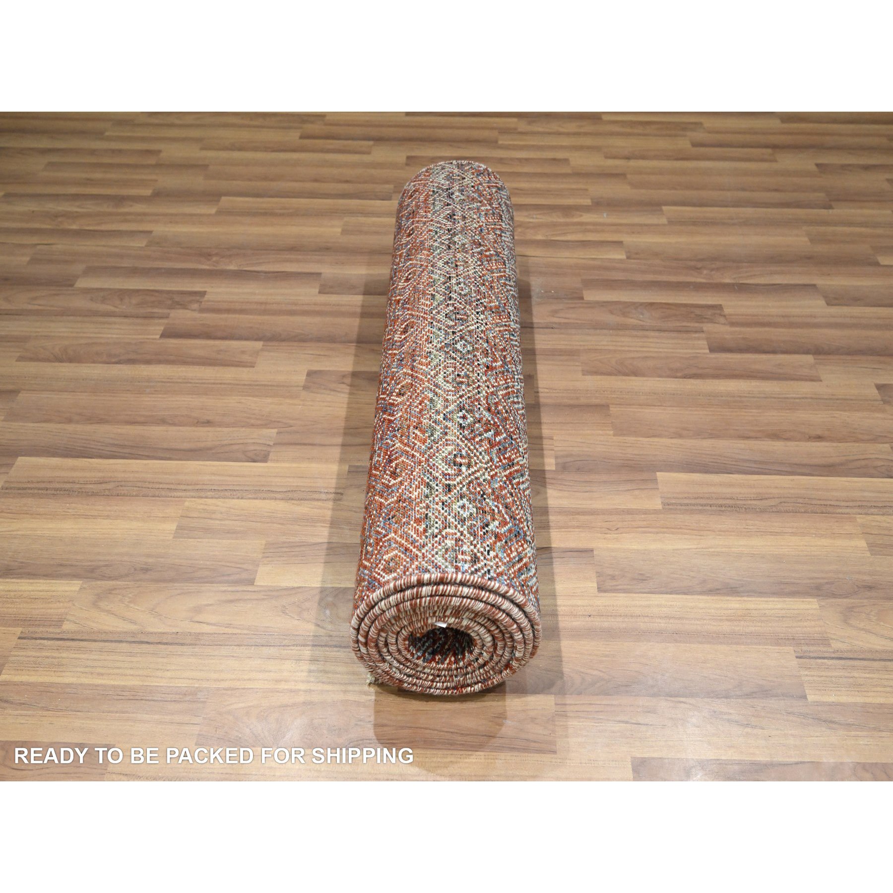 2'7"x10'2" Clay Red, Kohinoor Herat with Small Geometric Repetitive Diamond Pattern, Soft Wool, Tone On Tone, Hand Knotted, Runner, Oriental Rug Sh76396