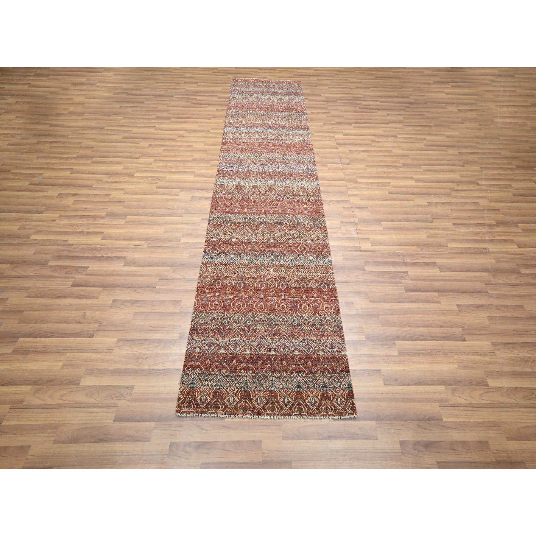 2'7"x10'2" Chili Red, Kohinoor Herat with Small Geometric Repetitive Diamond Pattern, Soft and Shiny Wool, Tone On Tone, Hand Knotted, Runner, Oriental Rug Sh76397