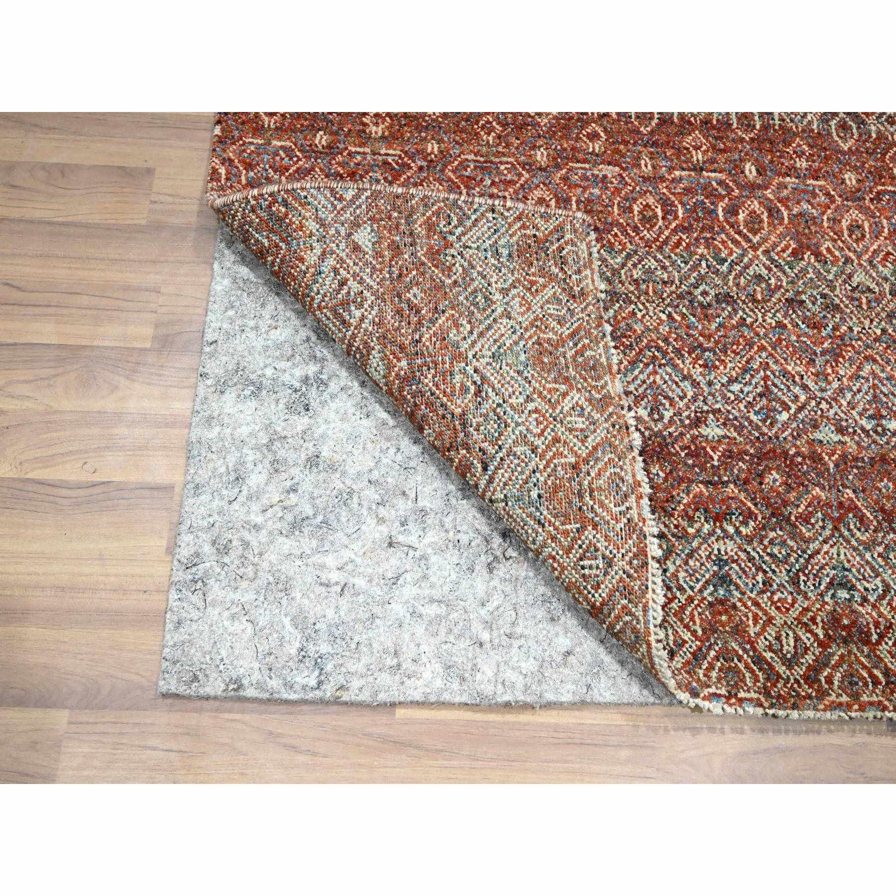 2'7"x10'2" Chili Red, Kohinoor Herat with Small Geometric Repetitive Diamond Pattern, Soft and Shiny Wool, Tone On Tone, Hand Knotted, Runner, Oriental Rug Sh76397