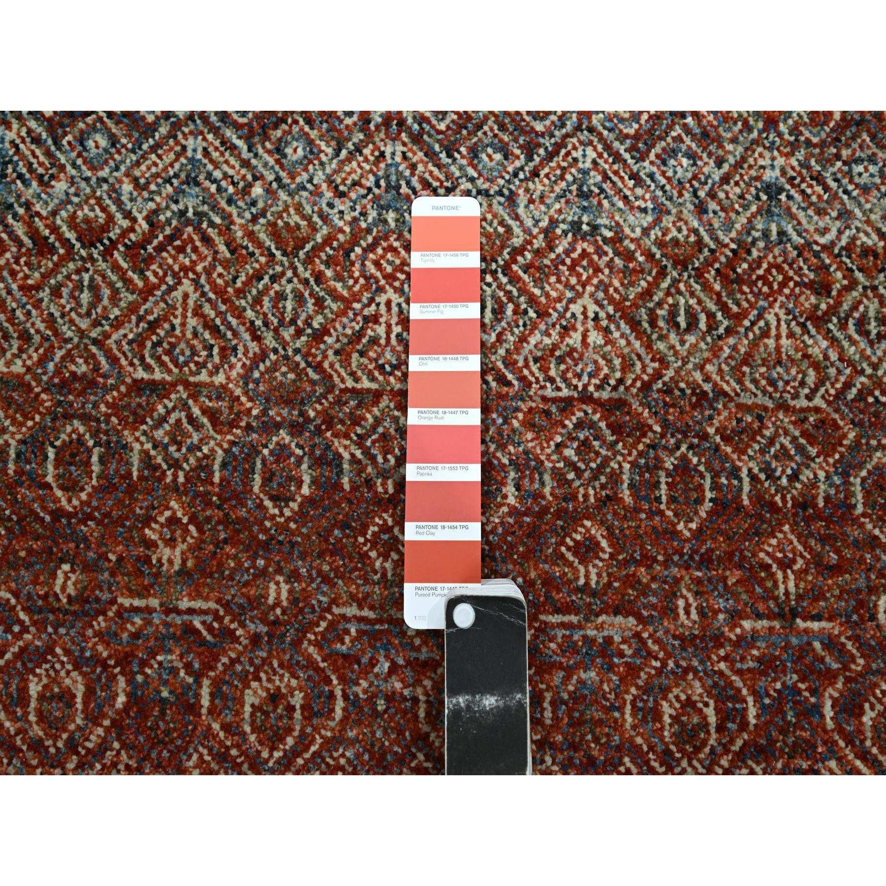 2'7"x10'2" Chili Red, Kohinoor Herat with Small Geometric Repetitive Diamond Pattern, Soft and Shiny Wool, Tone On Tone, Hand Knotted, Runner, Oriental Rug Sh76397