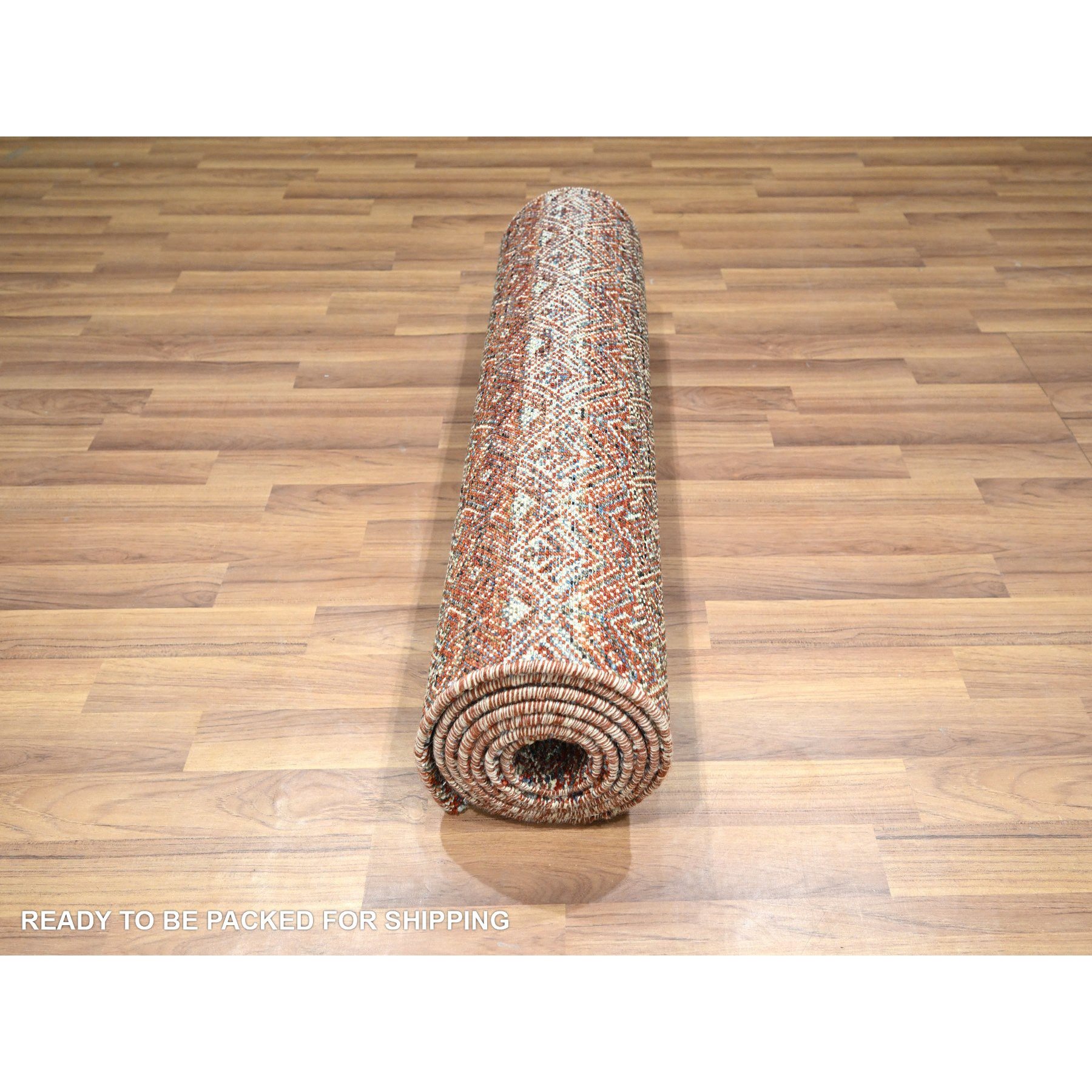 2'7"x10'2" Chili Red, Kohinoor Herat with Small Geometric Repetitive Diamond Pattern, Soft and Shiny Wool, Tone On Tone, Hand Knotted, Runner, Oriental Rug Sh76397