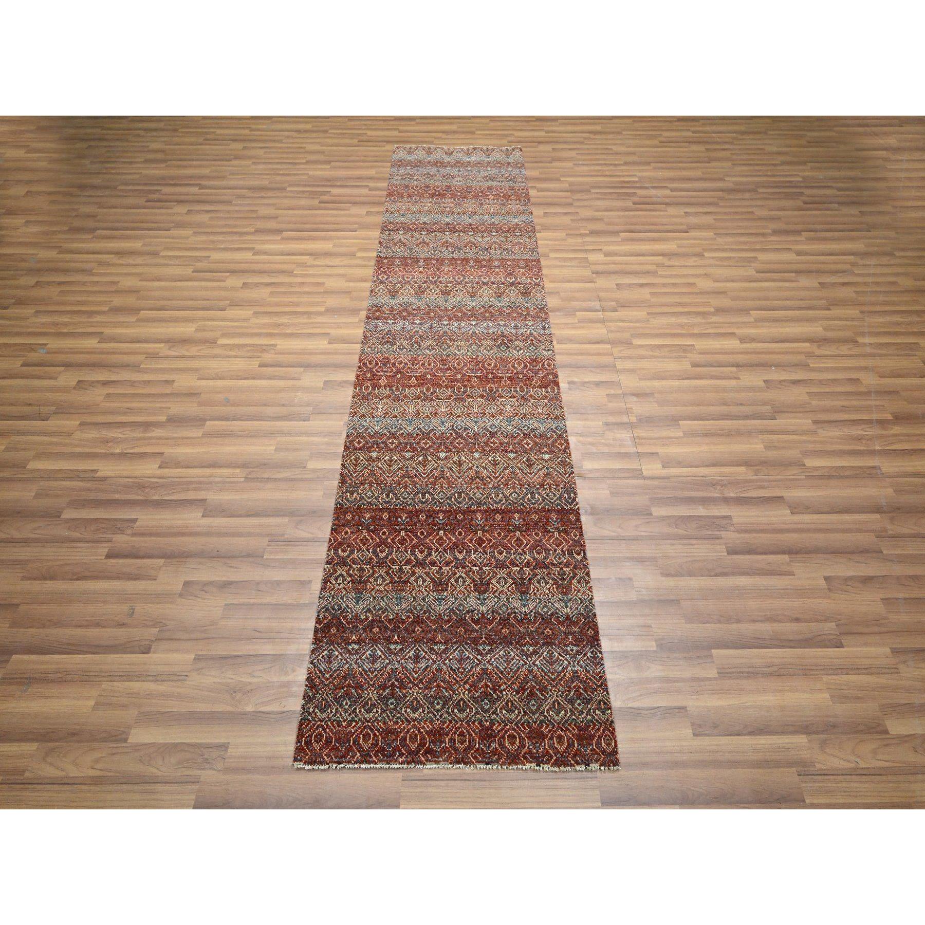 2'7"x10'2" Paprika Red, Tone On Tone, Kohinoor Herat with Small Geometric Repetitive Diamond Pattern, Soft Wool, Hand Knotted, Runner, Oriental Rug Sh76398