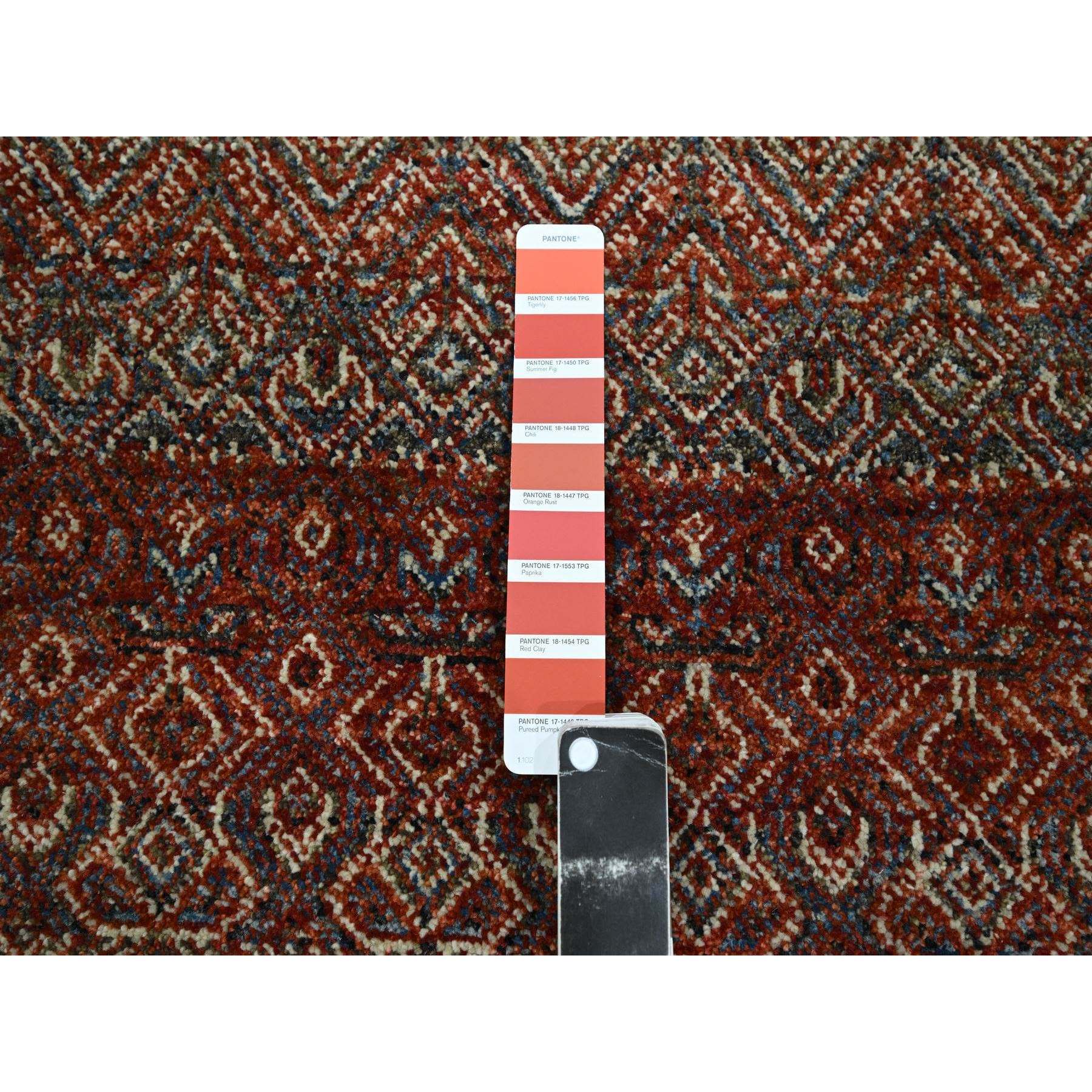 2'7"x10'2" Paprika Red, Tone On Tone, Kohinoor Herat with Small Geometric Repetitive Diamond Pattern, Soft Wool, Hand Knotted, Runner, Oriental Rug Sh76398