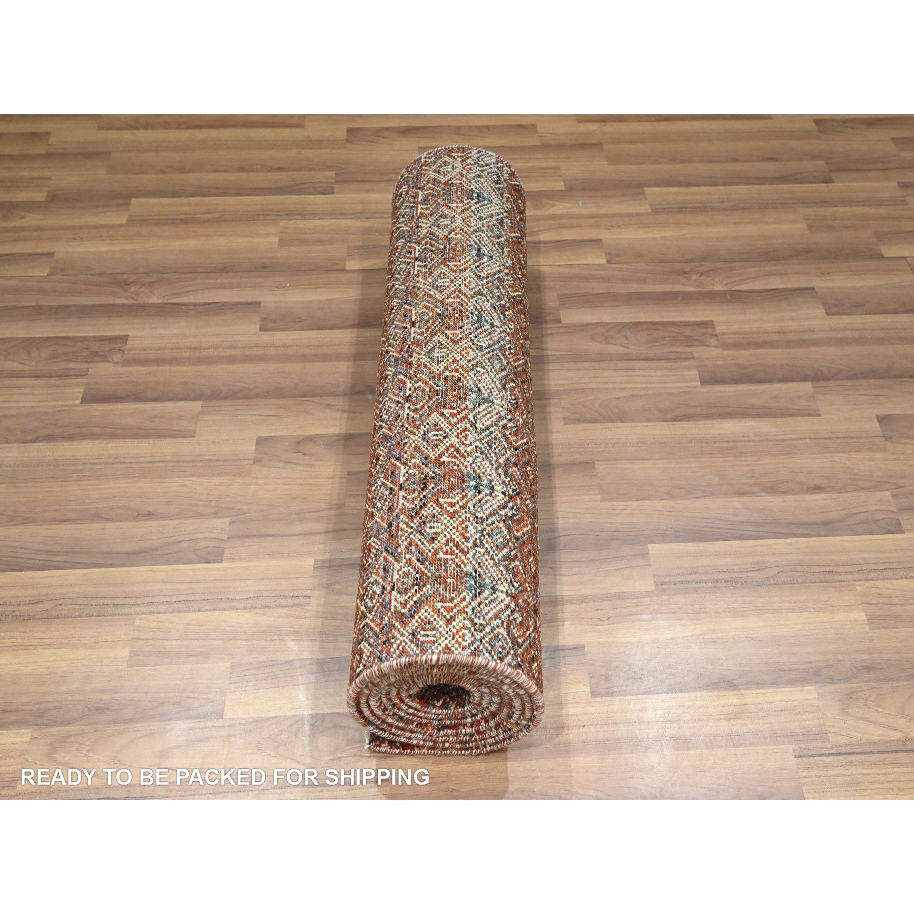 2'7"x10'2" Paprika Red, Tone On Tone, Kohinoor Herat with Small Geometric Repetitive Diamond Pattern, Soft Wool, Hand Knotted, Runner, Oriental Rug Sh76398