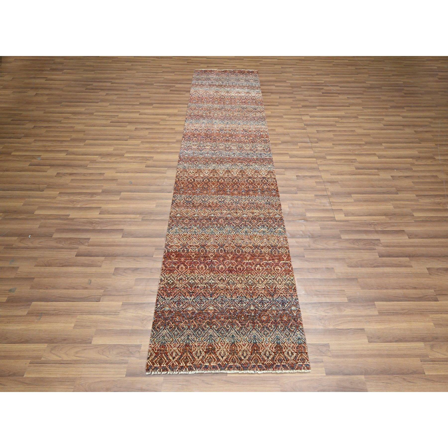 2'7"x10' Summer Fig Red, Kohinoor Herat with Small Geometric Repetitive Diamond Design, Soft and Vibrant Wool, Tone On Tone, Hand Knotted, Runner, Oriental Rug Sh76399