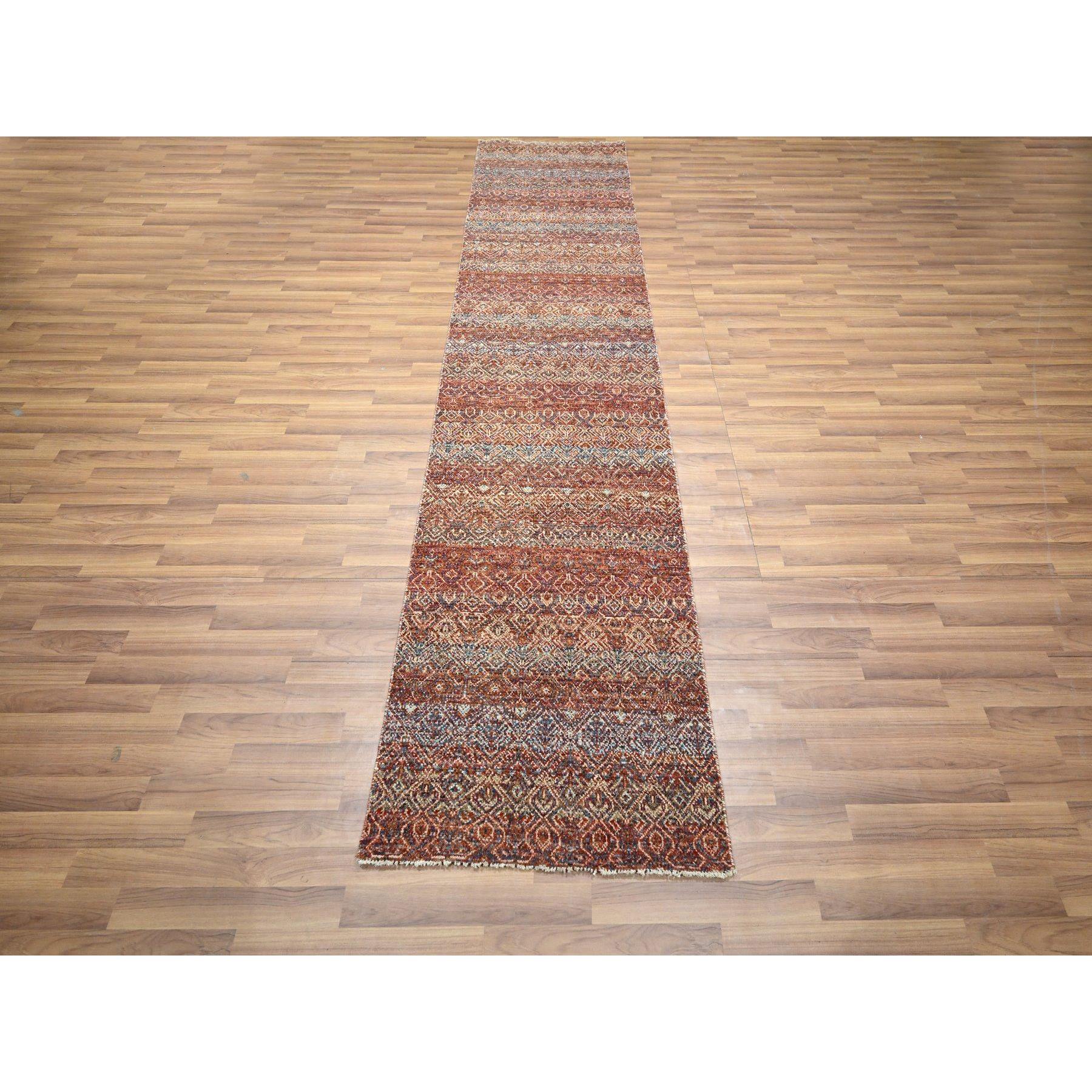 2'6"x10'2" Clay Red, Kohinoor Herat with Small Geometric Repetitive Diamond Pattern, Soft Wool, Tone On Tone, Hand Knotted, Runner, Oriental Rug Sh76400