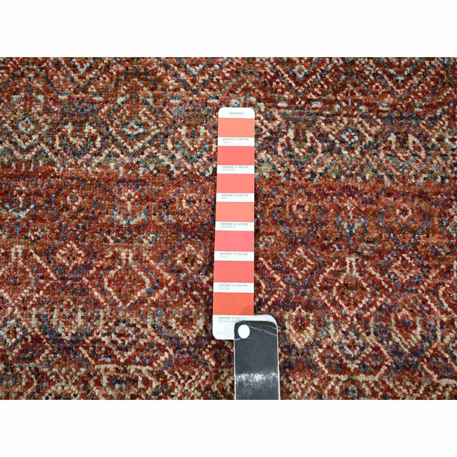 2'6"x10'2" Clay Red, Kohinoor Herat with Small Geometric Repetitive Diamond Pattern, Soft Wool, Tone On Tone, Hand Knotted, Runner, Oriental Rug Sh76400