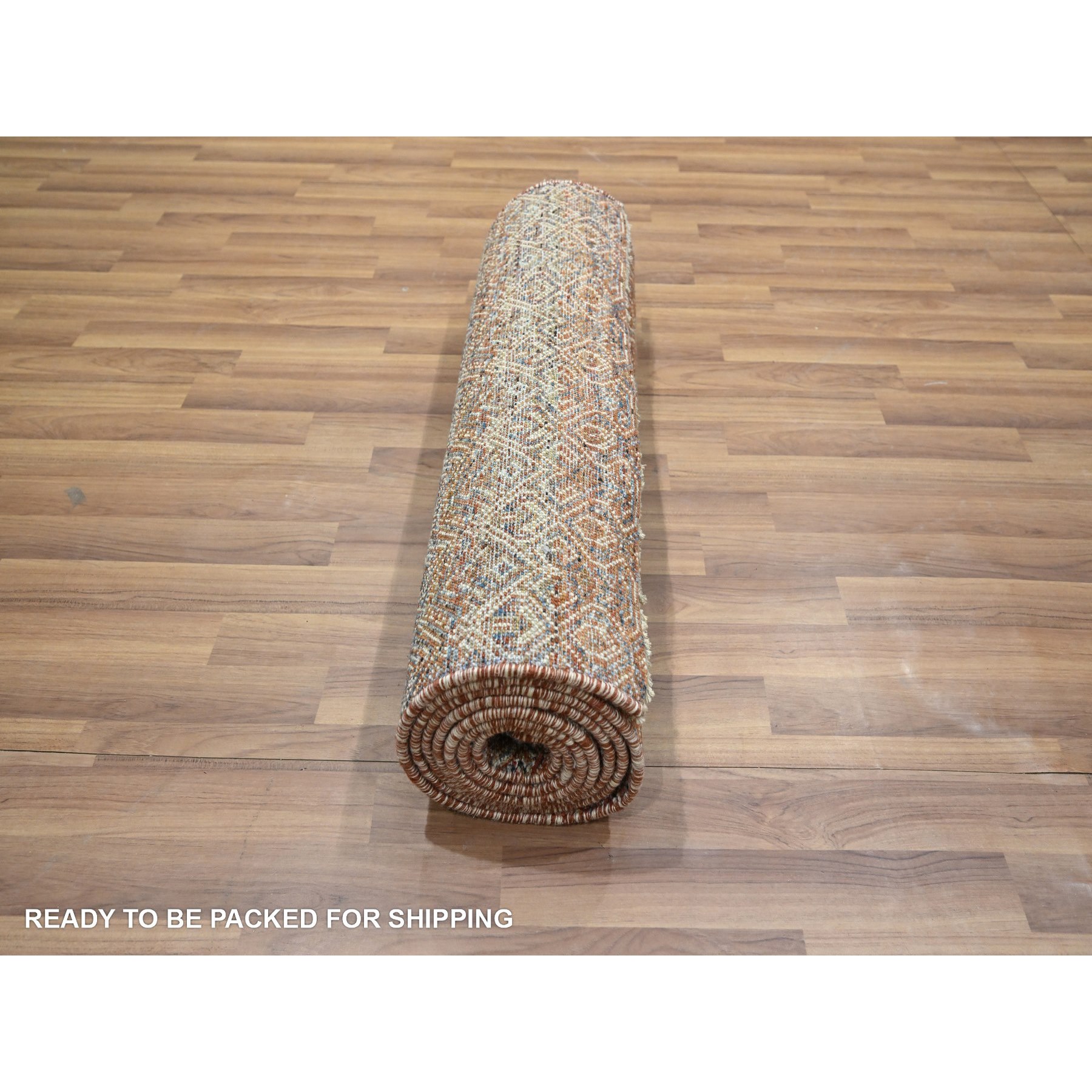 2'6"x10'2" Clay Red, Kohinoor Herat with Small Geometric Repetitive Diamond Pattern, Soft Wool, Tone On Tone, Hand Knotted, Runner, Oriental Rug Sh76400