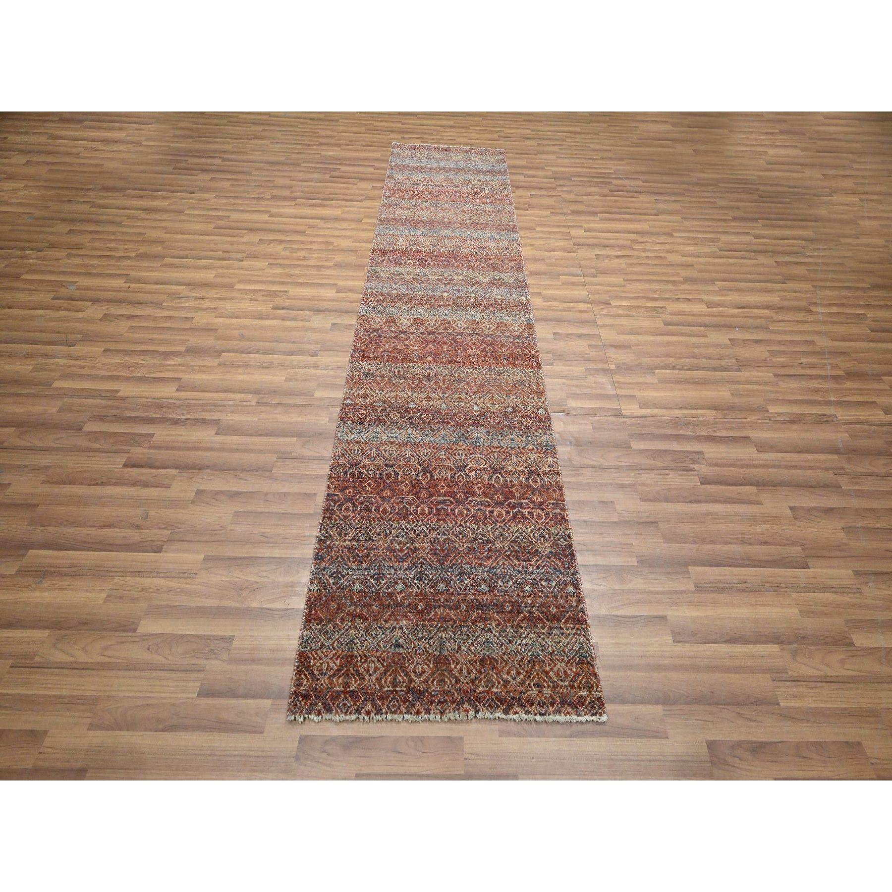 2'6"x10'2" Chili Red, Kohinoor Herat with Small Geometric Repetitive Diamond Pattern, Tone on Tone, Soft and Shiny Wool, Hand Knotted, Runner, Oriental Rug Sh76401