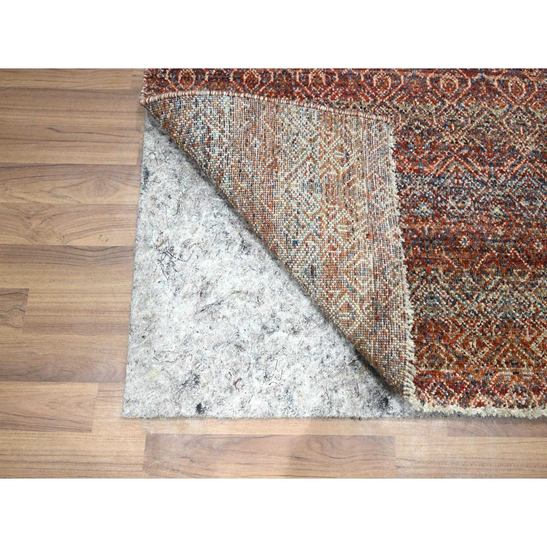 2'6"x10'2" Chili Red, Kohinoor Herat with Small Geometric Repetitive Diamond Pattern, Tone on Tone, Soft and Shiny Wool, Hand Knotted, Runner, Oriental Rug Sh76401