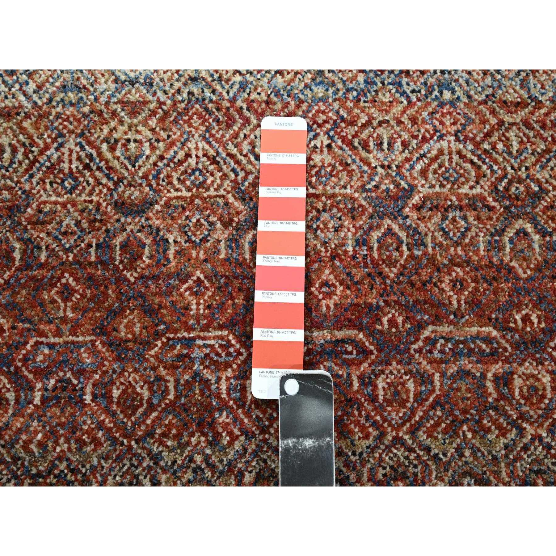 2'6"x10'2" Chili Red, Kohinoor Herat with Small Geometric Repetitive Diamond Pattern, Tone on Tone, Soft and Shiny Wool, Hand Knotted, Runner, Oriental Rug Sh76401