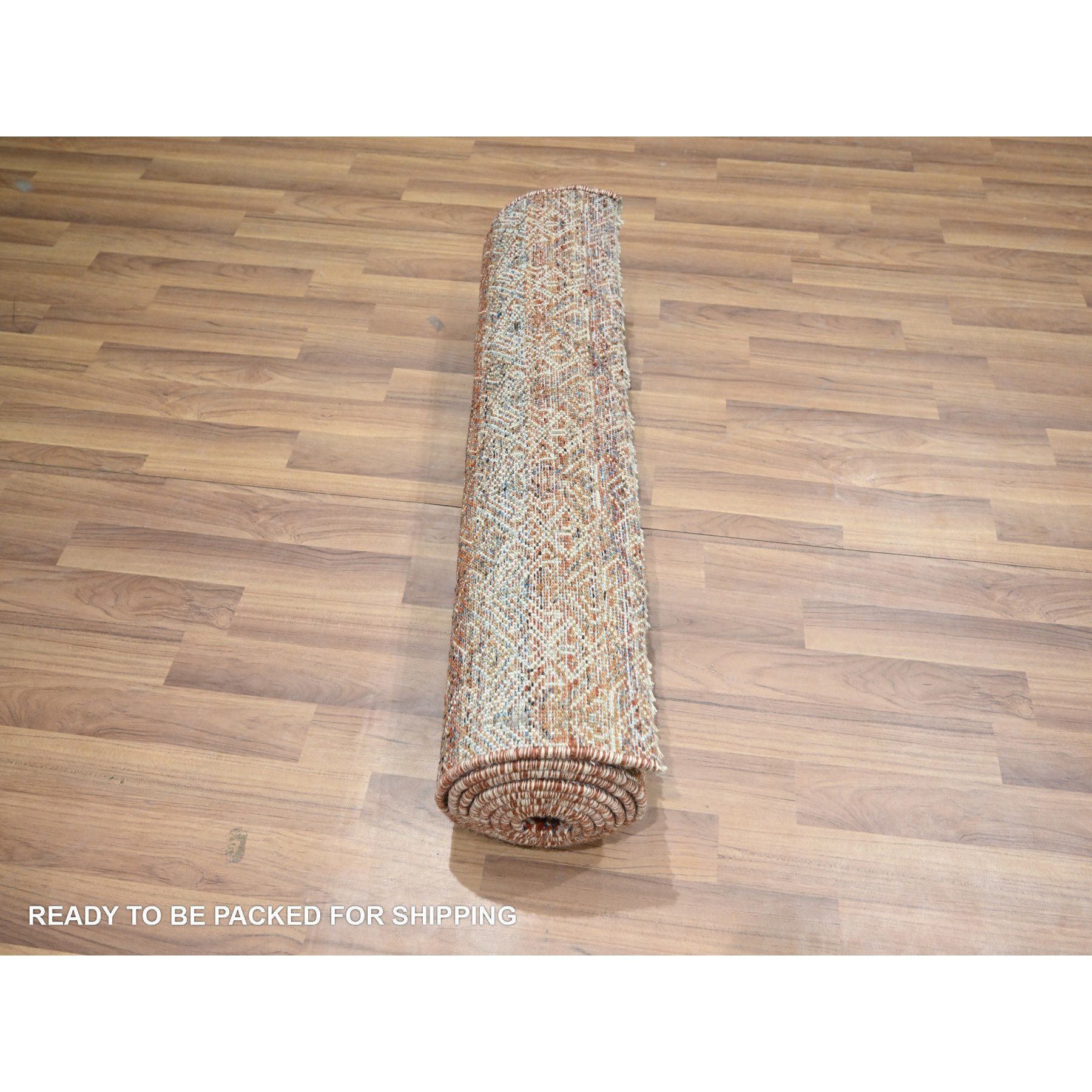 2'6"x10'2" Chili Red, Kohinoor Herat with Small Geometric Repetitive Diamond Pattern, Tone on Tone, Soft and Shiny Wool, Hand Knotted, Runner, Oriental Rug Sh76401
