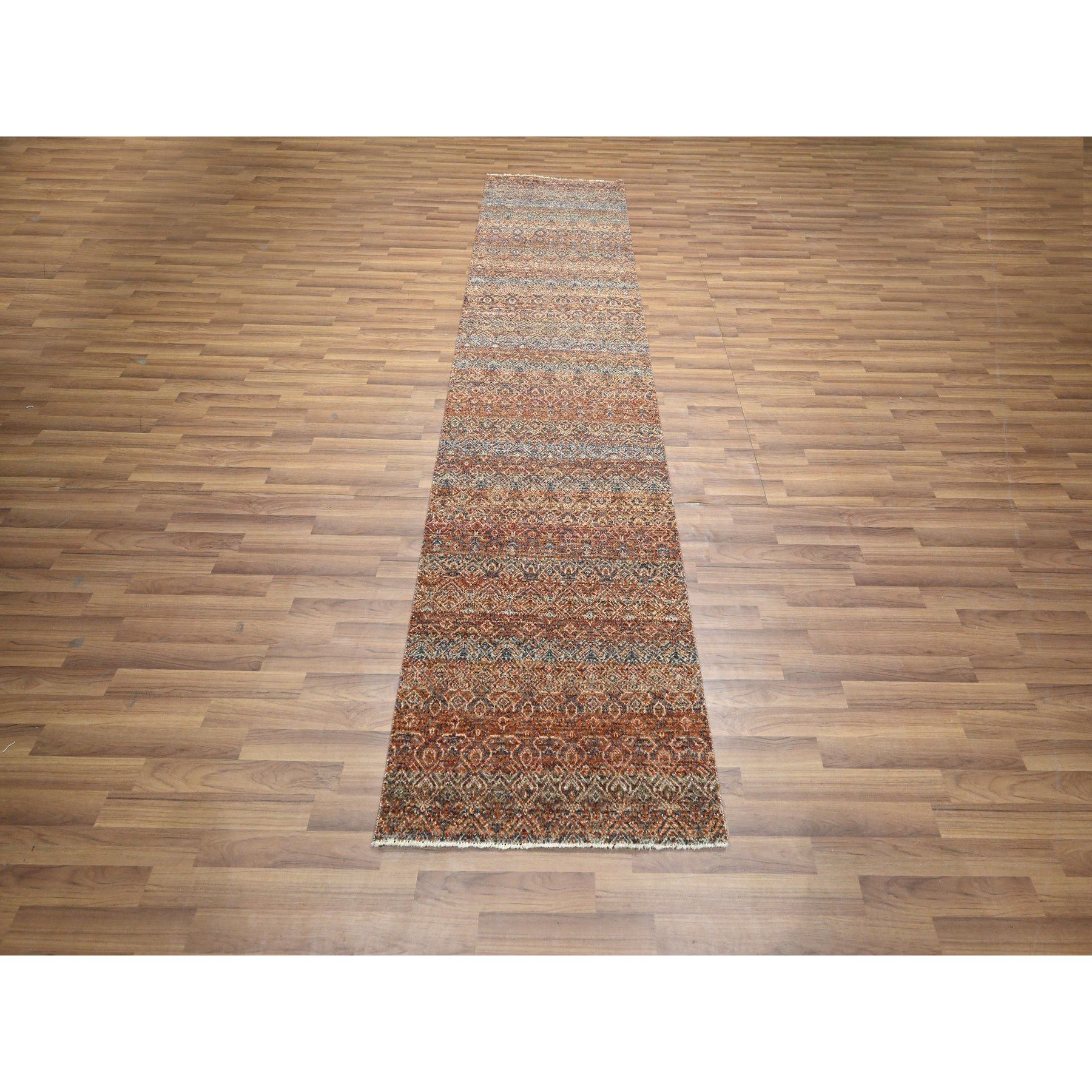 2'7"x10' Chili Red, Kohinoor Herat with Small Geometric Repetitive Diamond Pattern, Soft and Shiny Wool, Hand Knotted, Tone on Tone, Runner, Oriental Rug Sh76403