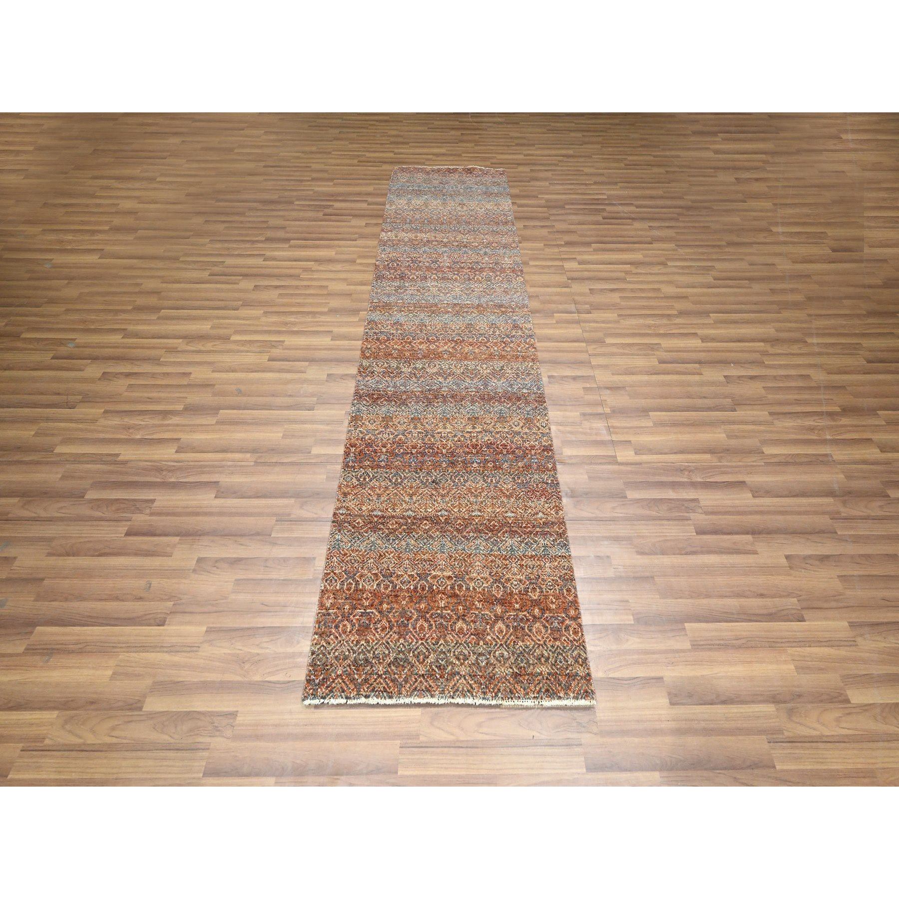 2'7"x10' Rust Red, Kohinoor Herat with Small Geometric Repetitive Diamond Pattern, Tone on Tone, Soft and Shiny Wool, Hand Knotted, Runner, Oriental Rug Sh76404