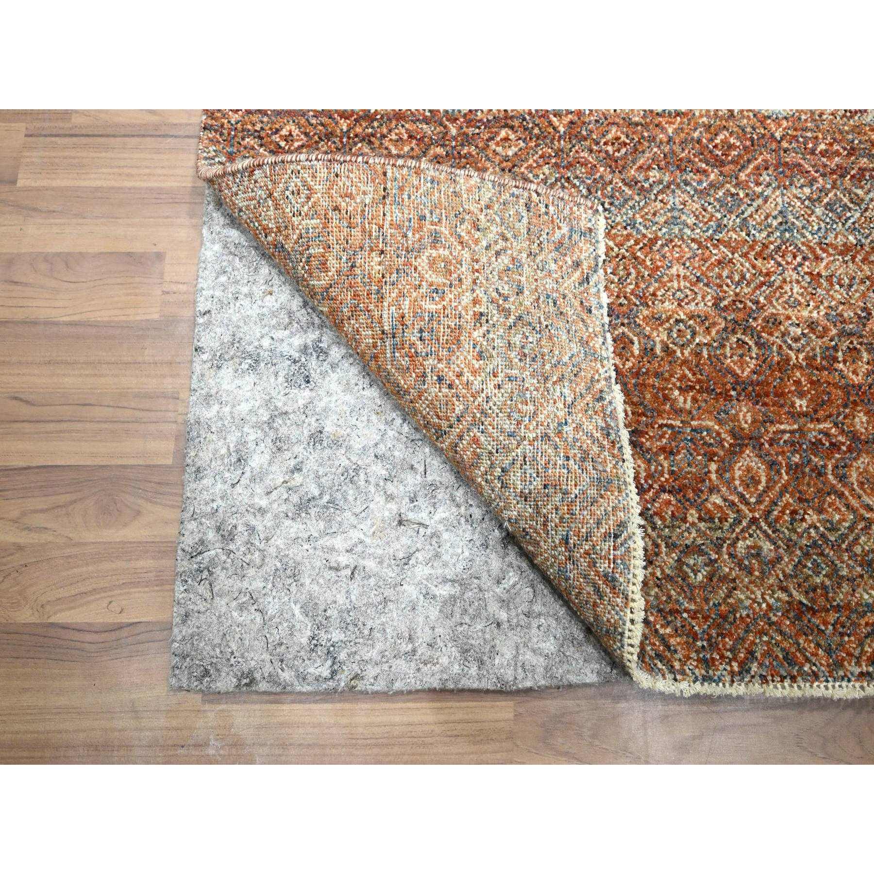 2'7"x10' Rust Red, Kohinoor Herat with Small Geometric Repetitive Diamond Pattern, Tone on Tone, Soft and Shiny Wool, Hand Knotted, Runner, Oriental Rug Sh76404