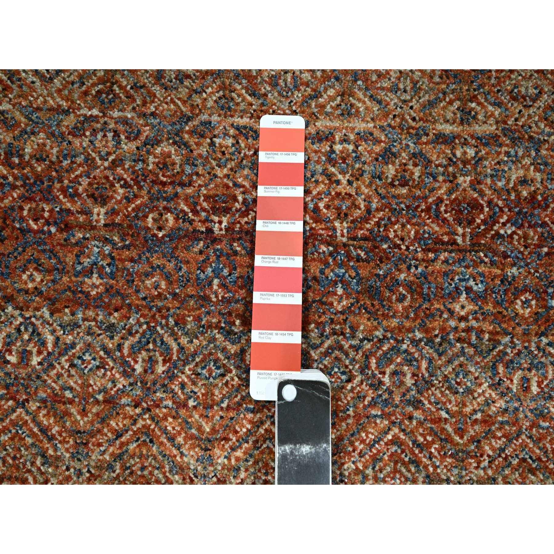 2'7"x10' Rust Red, Kohinoor Herat with Small Geometric Repetitive Diamond Pattern, Tone on Tone, Soft and Shiny Wool, Hand Knotted, Runner, Oriental Rug Sh76404