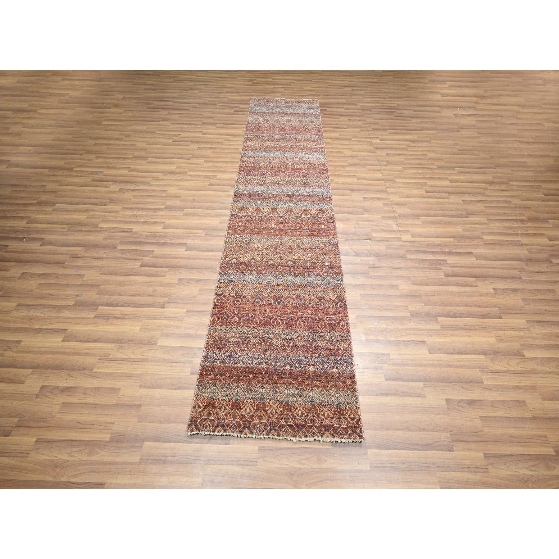 2'6"x10'2" Chili Red, Kohinoor Herat with Small Geometric Repetitive Diamond Pattern, Tone on Tone, Soft and Shiny Wool, Hand Knotted, Runner, Oriental Rug Sh76406