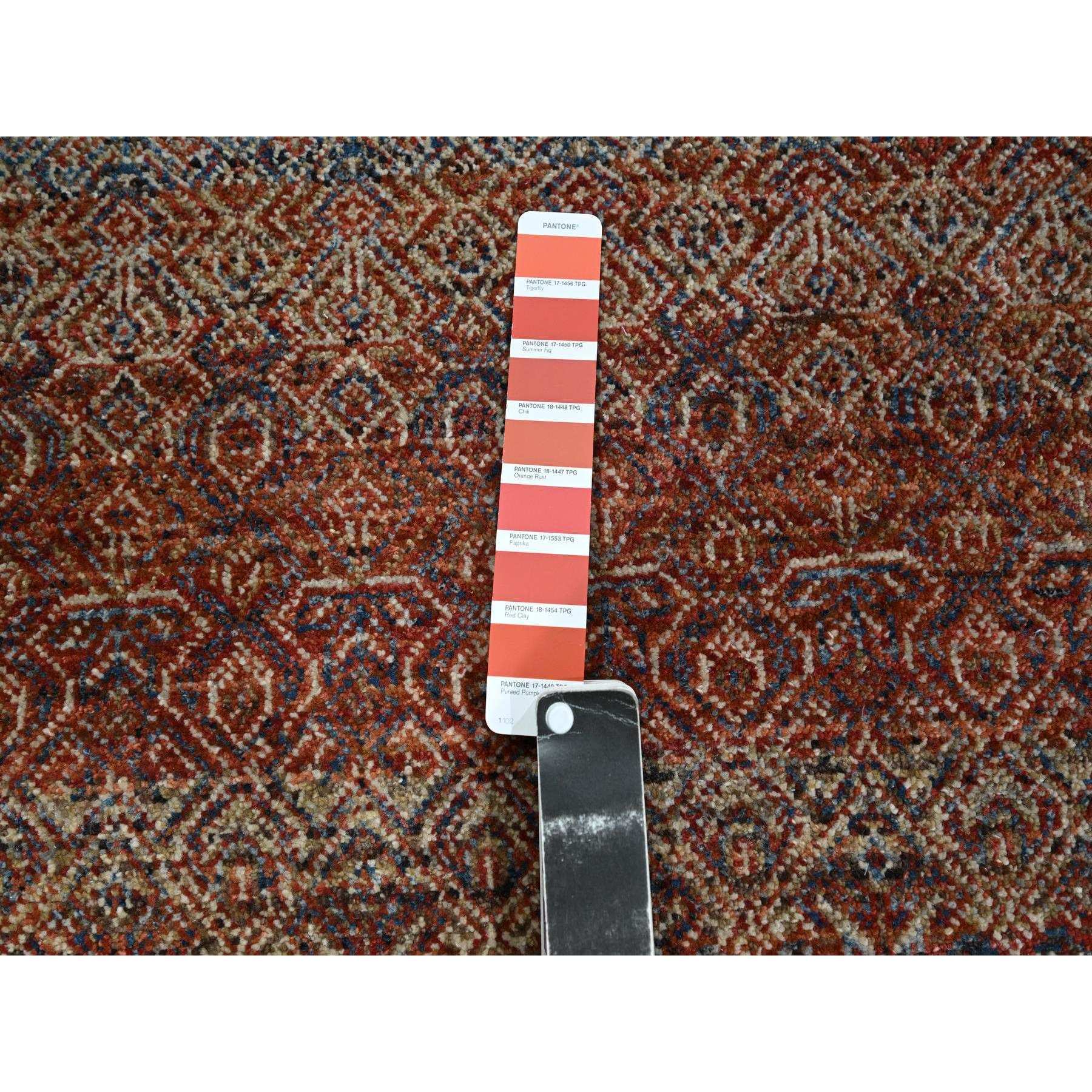 2'6"x10'2" Chili Red, Kohinoor Herat with Small Geometric Repetitive Diamond Pattern, Tone on Tone, Soft and Shiny Wool, Hand Knotted, Runner, Oriental Rug Sh76406