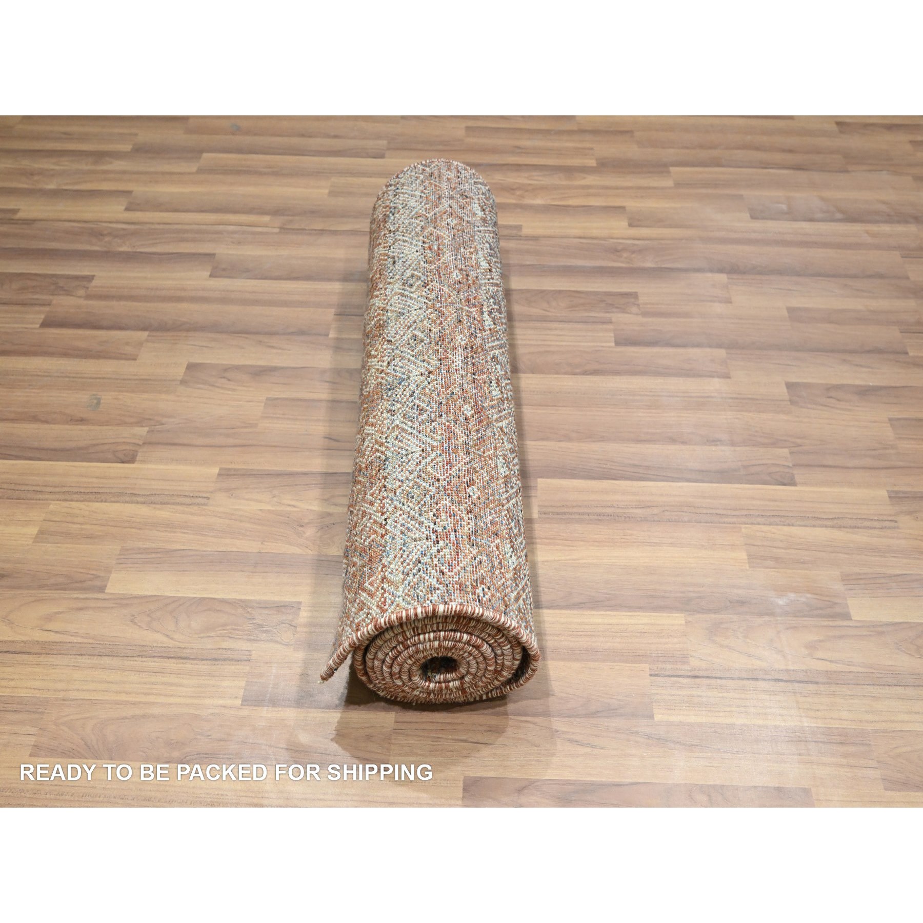 2'6"x10'2" Chili Red, Kohinoor Herat with Small Geometric Repetitive Diamond Pattern, Tone on Tone, Soft and Shiny Wool, Hand Knotted, Runner, Oriental Rug Sh76406