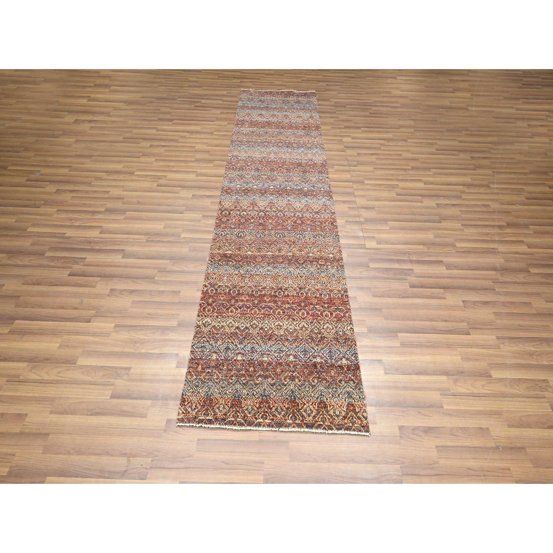 2'7"x10' Rust Red, Soft and Shiny Wool, Kohinoor Herat Design, Small Geometric Repetitive Diamond Pattern, Tone on Tone, Hand Knotted, Runner, Oriental Rug Sh76407
