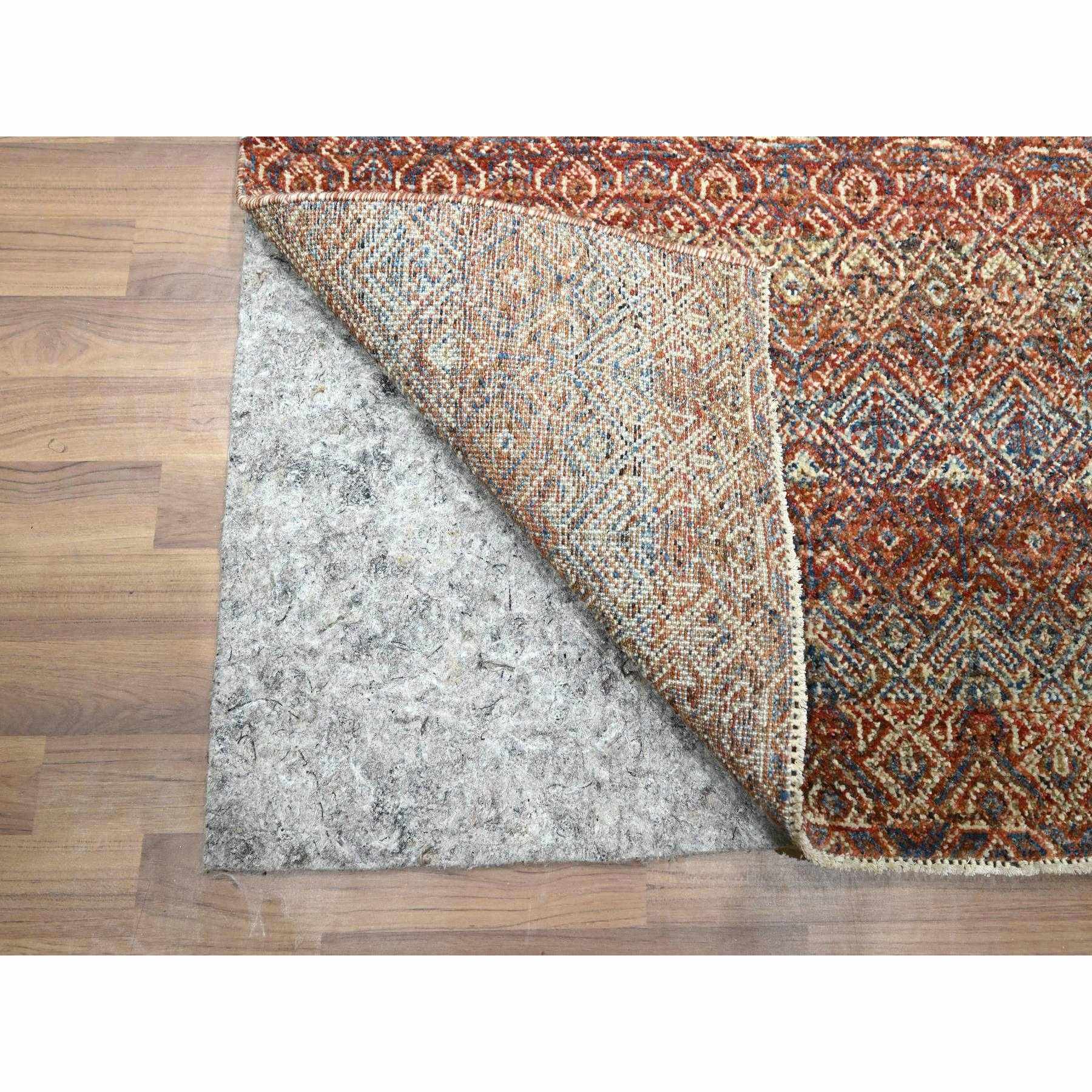 2'7"x10' Rust Red, Soft and Shiny Wool, Kohinoor Herat Design, Small Geometric Repetitive Diamond Pattern, Tone on Tone, Hand Knotted, Runner, Oriental Rug Sh76407