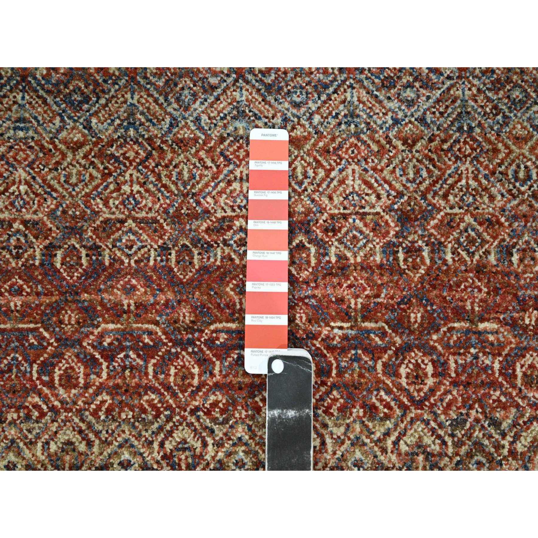 2'7"x10' Rust Red, Soft and Shiny Wool, Kohinoor Herat Design, Small Geometric Repetitive Diamond Pattern, Tone on Tone, Hand Knotted, Runner, Oriental Rug Sh76407