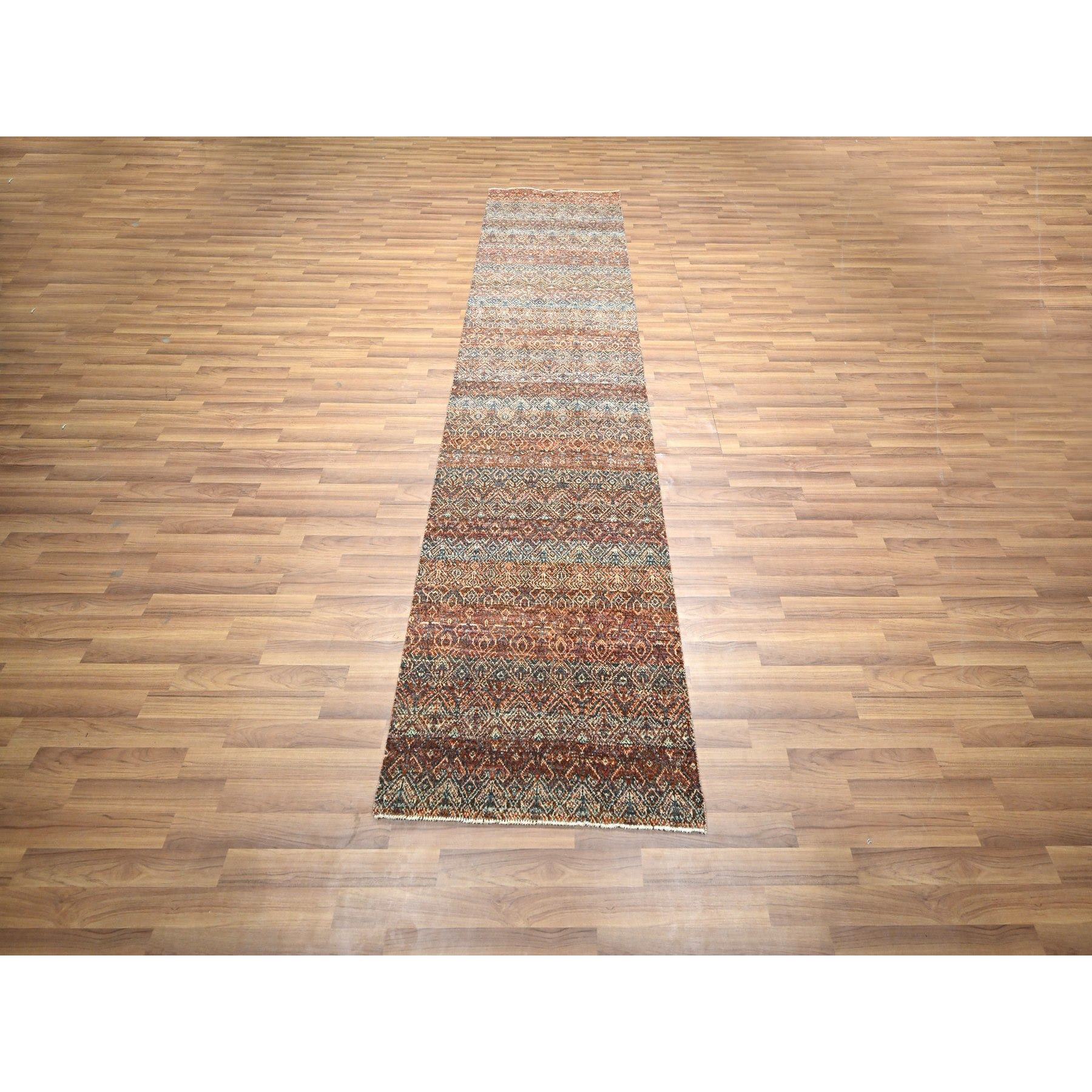 2'7"x10' Chili Red, Kohinoor Herat with Small Geometric Repetitive Diamond Pattern, Tone on Tone, Soft and Shiny Wool, Hand Knotted, Runner, Oriental Rug Sh76408