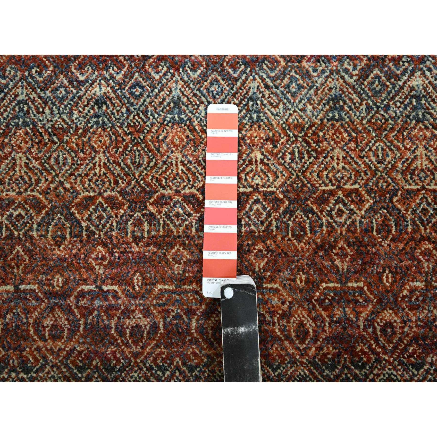 2'7"x10' Chili Red, Kohinoor Herat with Small Geometric Repetitive Diamond Pattern, Tone on Tone, Soft and Shiny Wool, Hand Knotted, Runner, Oriental Rug Sh76408