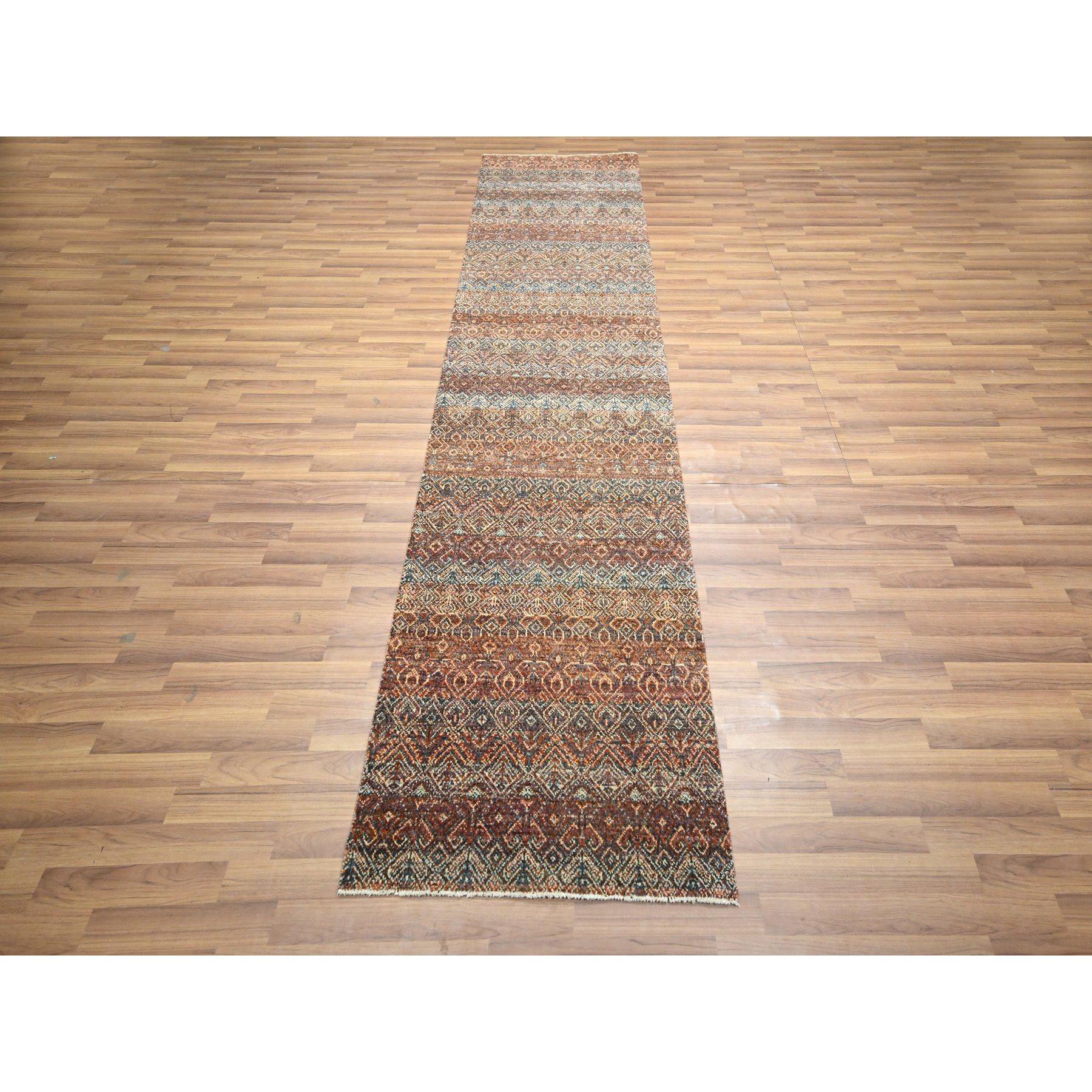 2'7"x10' Summer Fig Red, Kohinoor Herat with Small Geometric Repetitive Diamond Pattern, Tone on Tone, Soft and Shiny Wool, Hand Knotted, Runner, Oriental Rug Sh76410