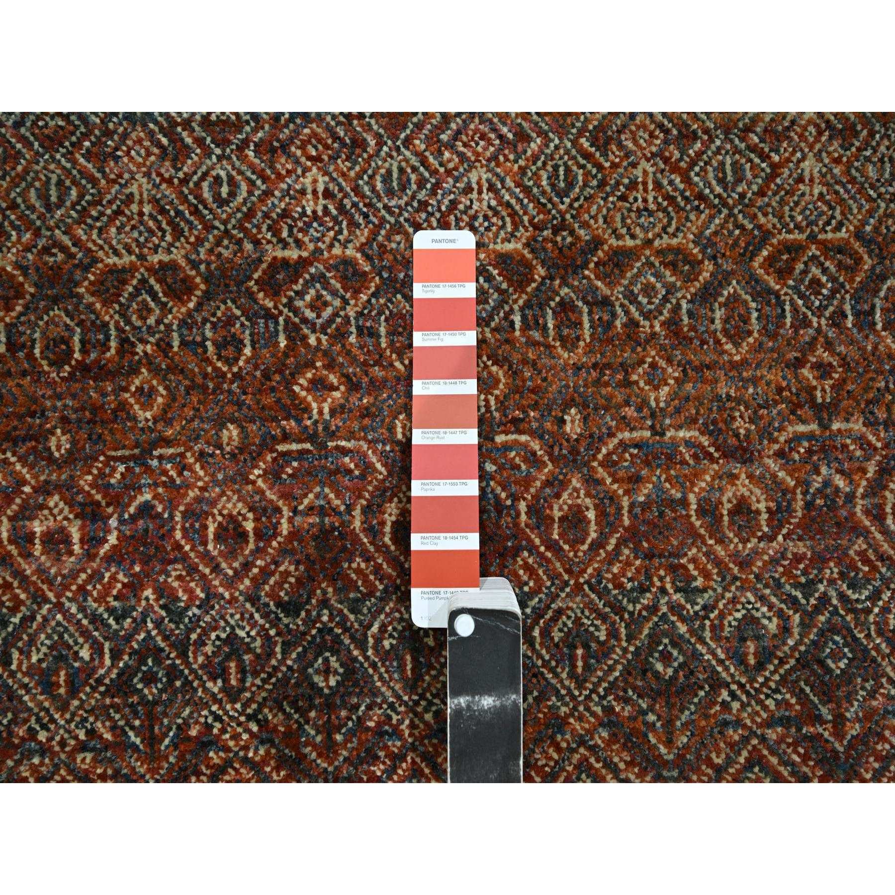 2'7"x10' Summer Fig Red, Kohinoor Herat with Small Geometric Repetitive Diamond Pattern, Tone on Tone, Soft and Shiny Wool, Hand Knotted, Runner, Oriental Rug Sh76410
